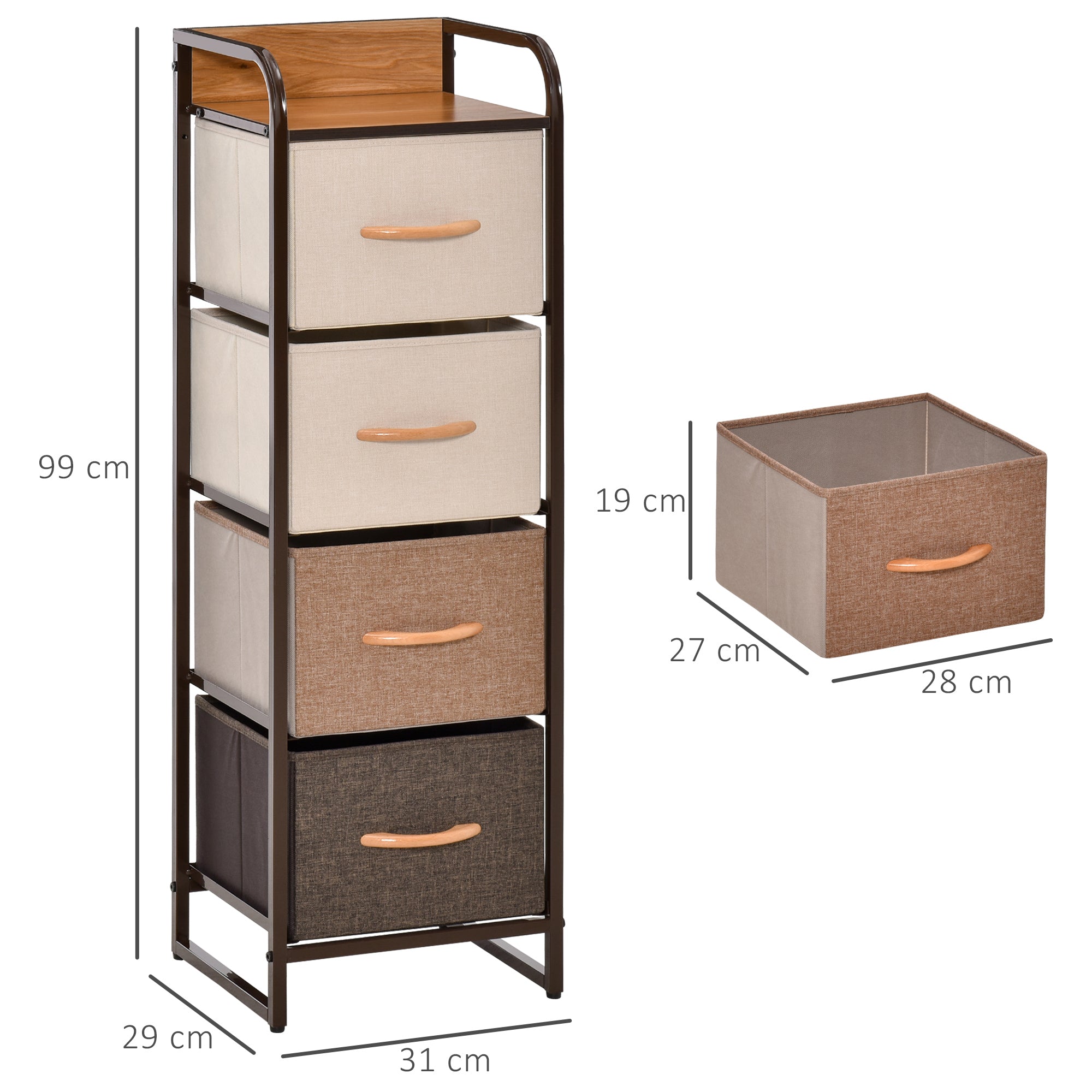 Commode Meuble de Rangement 5 tiroirs en tissu pliant - structure acier noir - 45 x 30 x 116 cm beige, marron