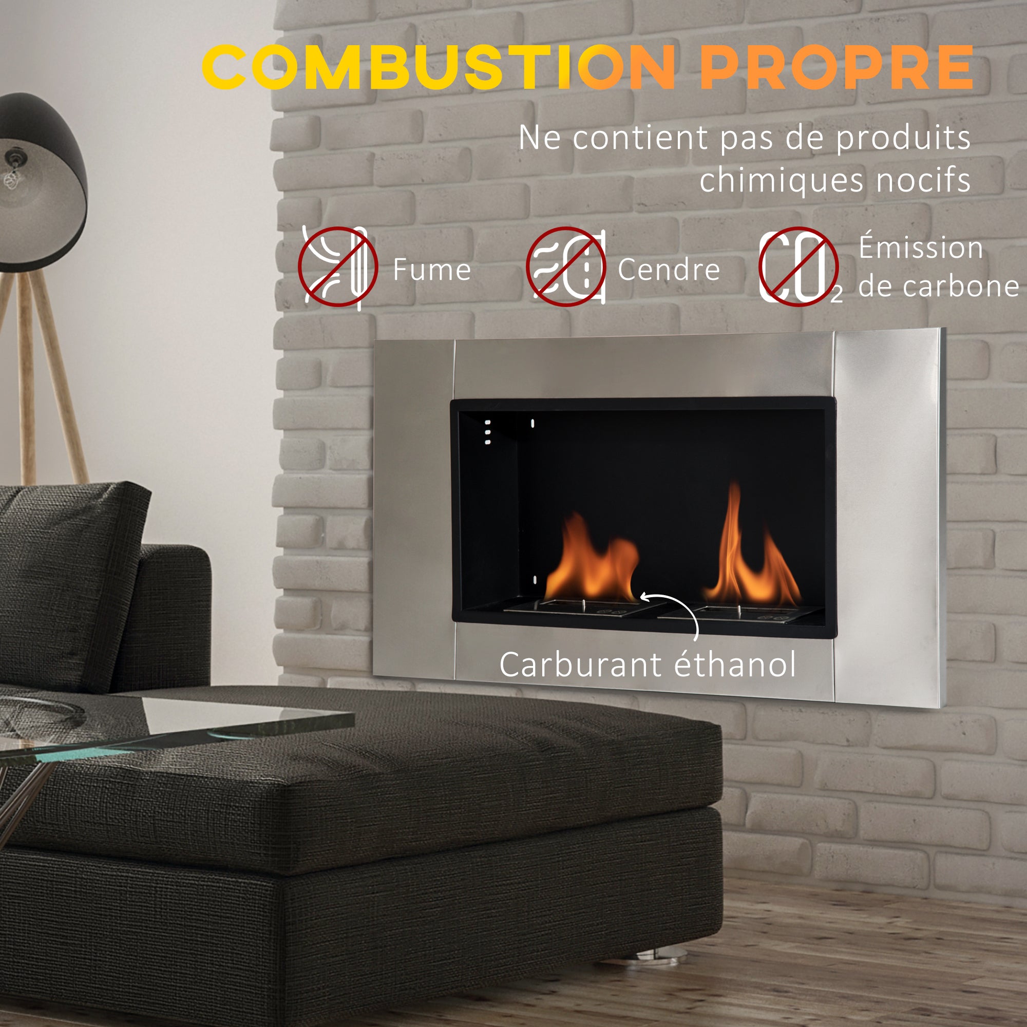 Cheminée bioéthanol Murale encastrable brûleur 2*0,9 L, environ 3 h de durée de combustion 110L x 14,5l x 54H cm Couverture 25-30 m² Acier inox