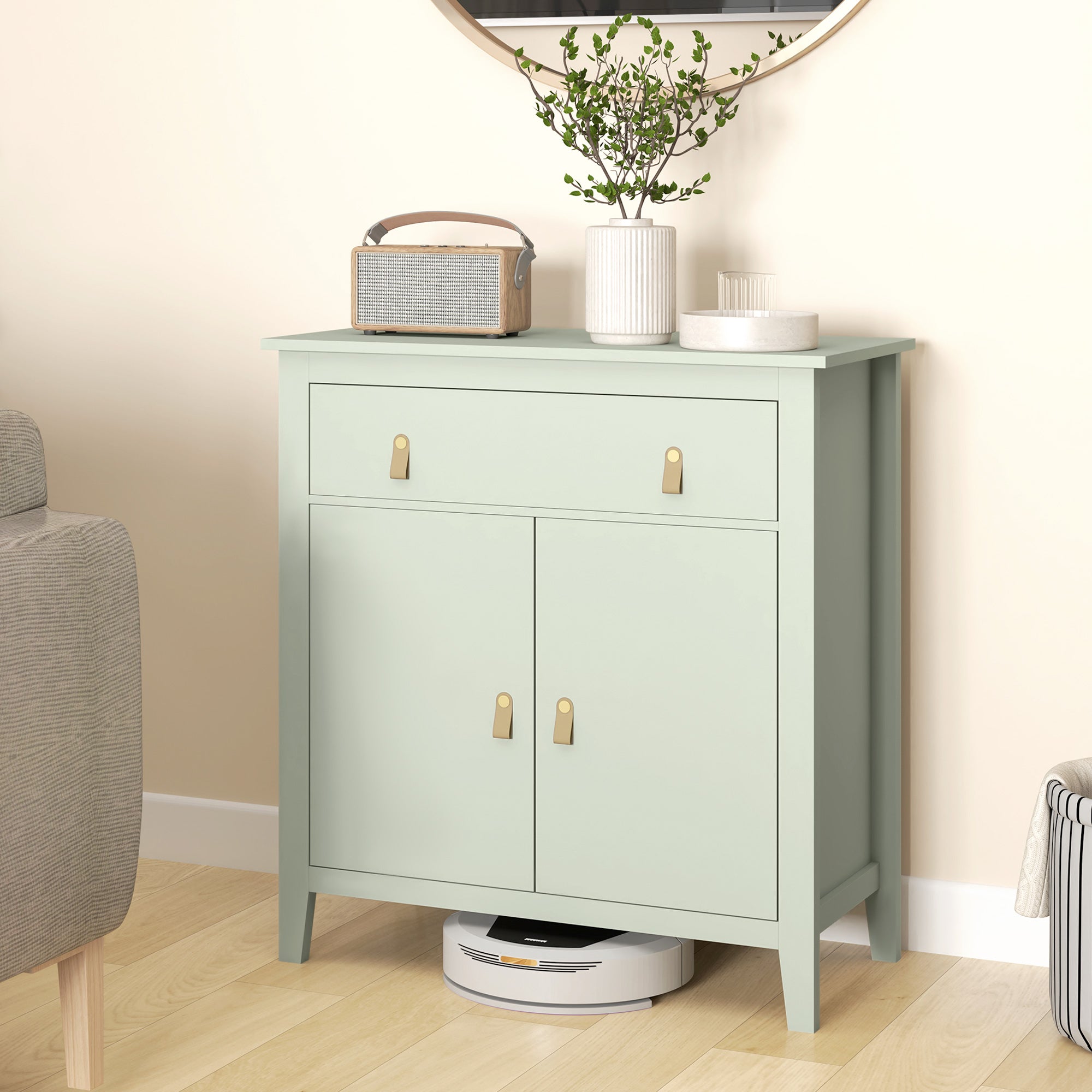 Buffet salon, meuble de rangement avec tiroir, double porte, étagère réglable, poignées en PU, style moderne, buffet salle à manger et cuisine, 80 x 40 x 90 cm, vert clair