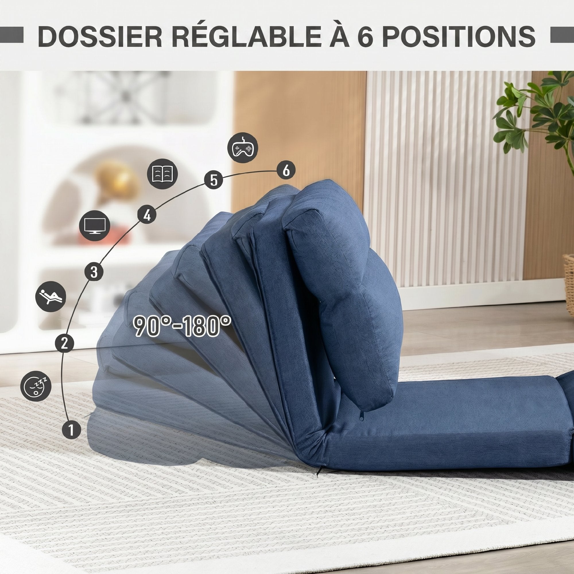 Canapé paresseux chauffeuse 1 place fauteuil paresseux convertible en lit fauteuil salon avec dossier inclinable sur 5 positions, charge 120 Kg, pour salon chambre et bureau, 70x72x56 cm, bleu