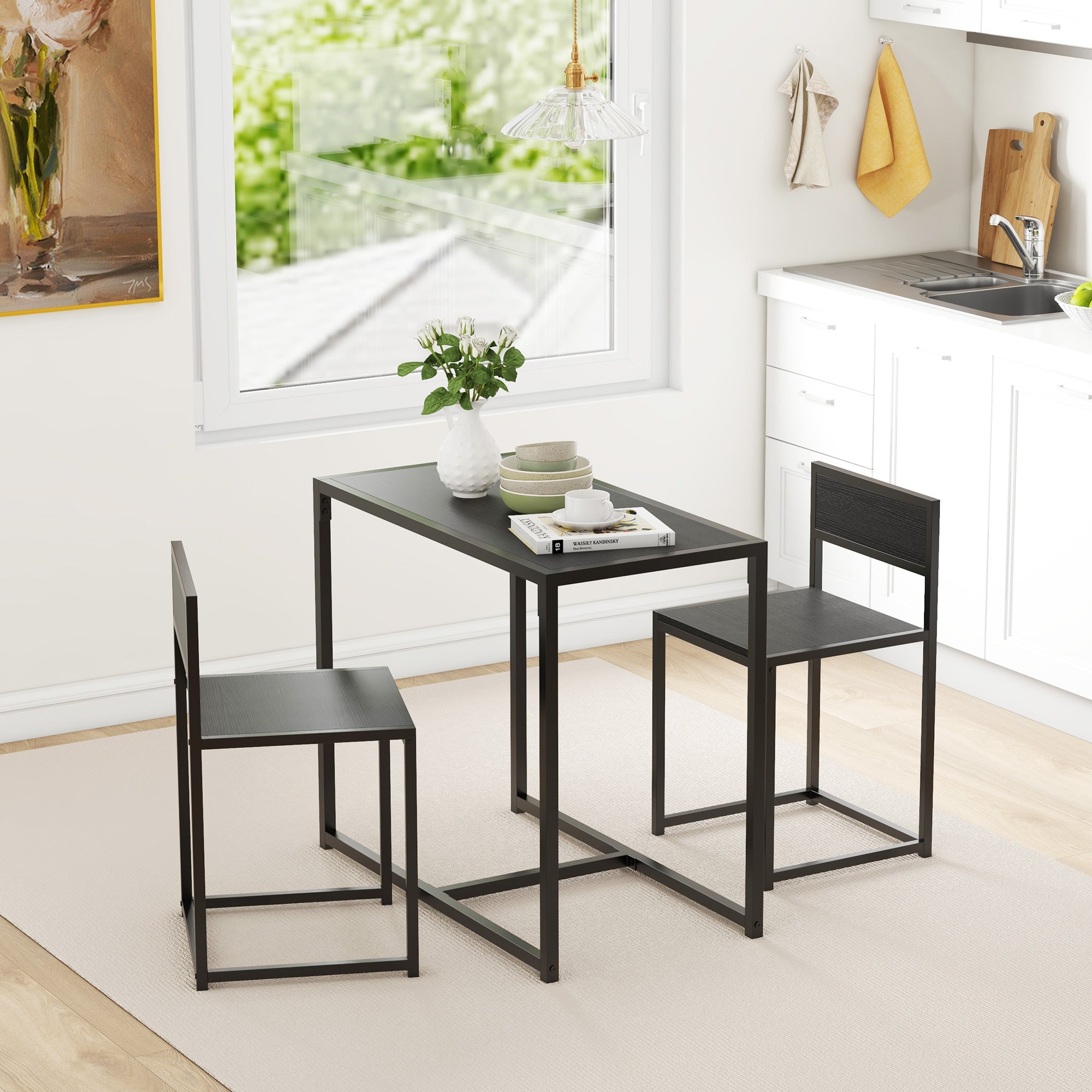 Ensemble table et chaises pour 2 personnes, table de cuisine avec chaises, table à manger 3 pièces avec 2 chaises encastrables, pour cuisine salon maison, noir