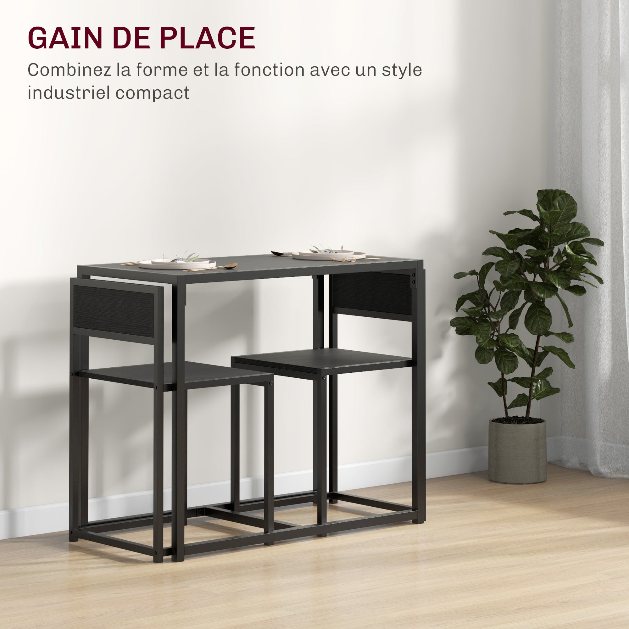 Ensemble table et chaises pour 2 personnes, table de cuisine avec chaises, table à manger 3 pièces avec 2 chaises encastrables, pour cuisine salon maison, noir