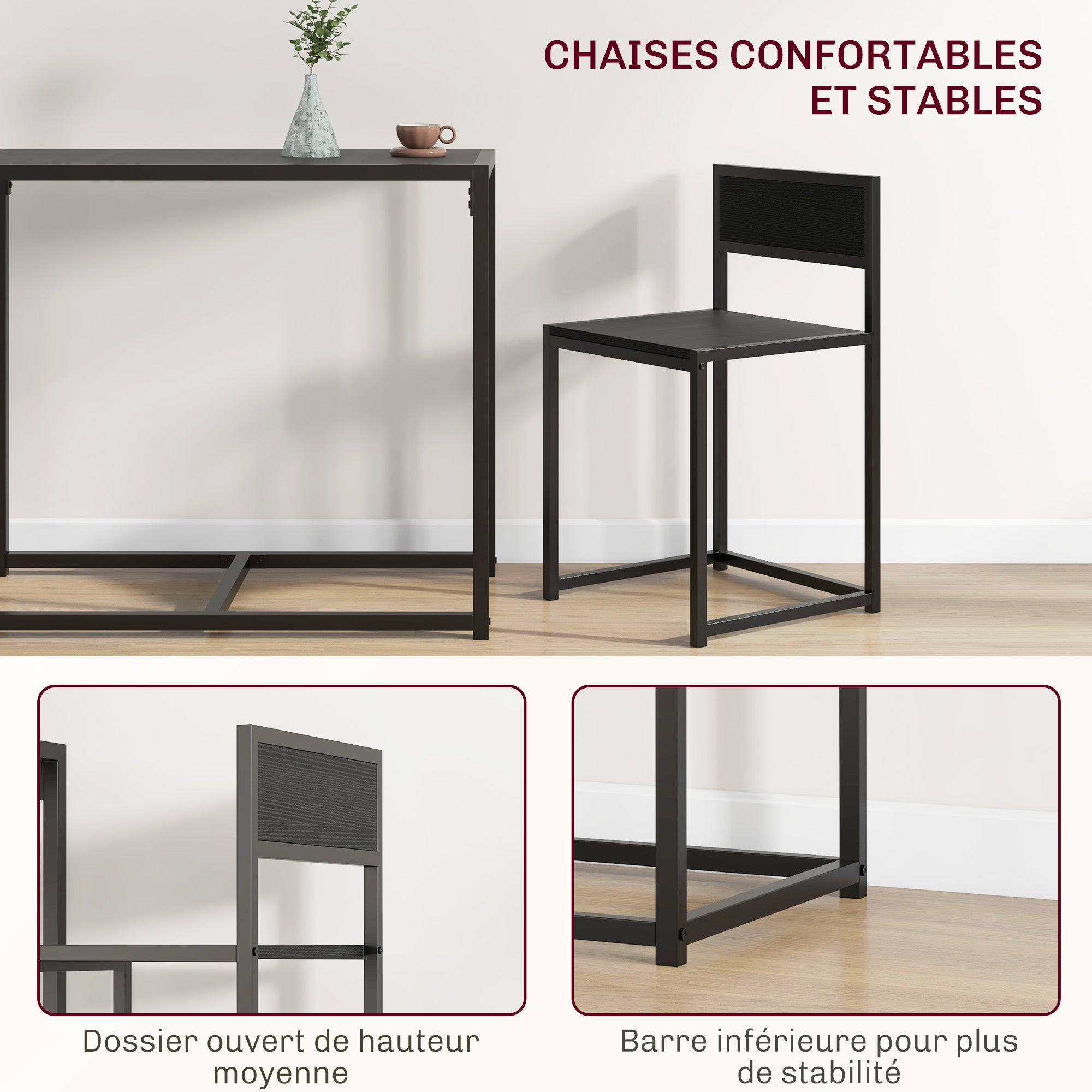 Ensemble table et chaises pour 2 personnes, table de cuisine avec chaises, table à manger 3 pièces avec 2 chaises encastrables, pour cuisine salon maison, noir