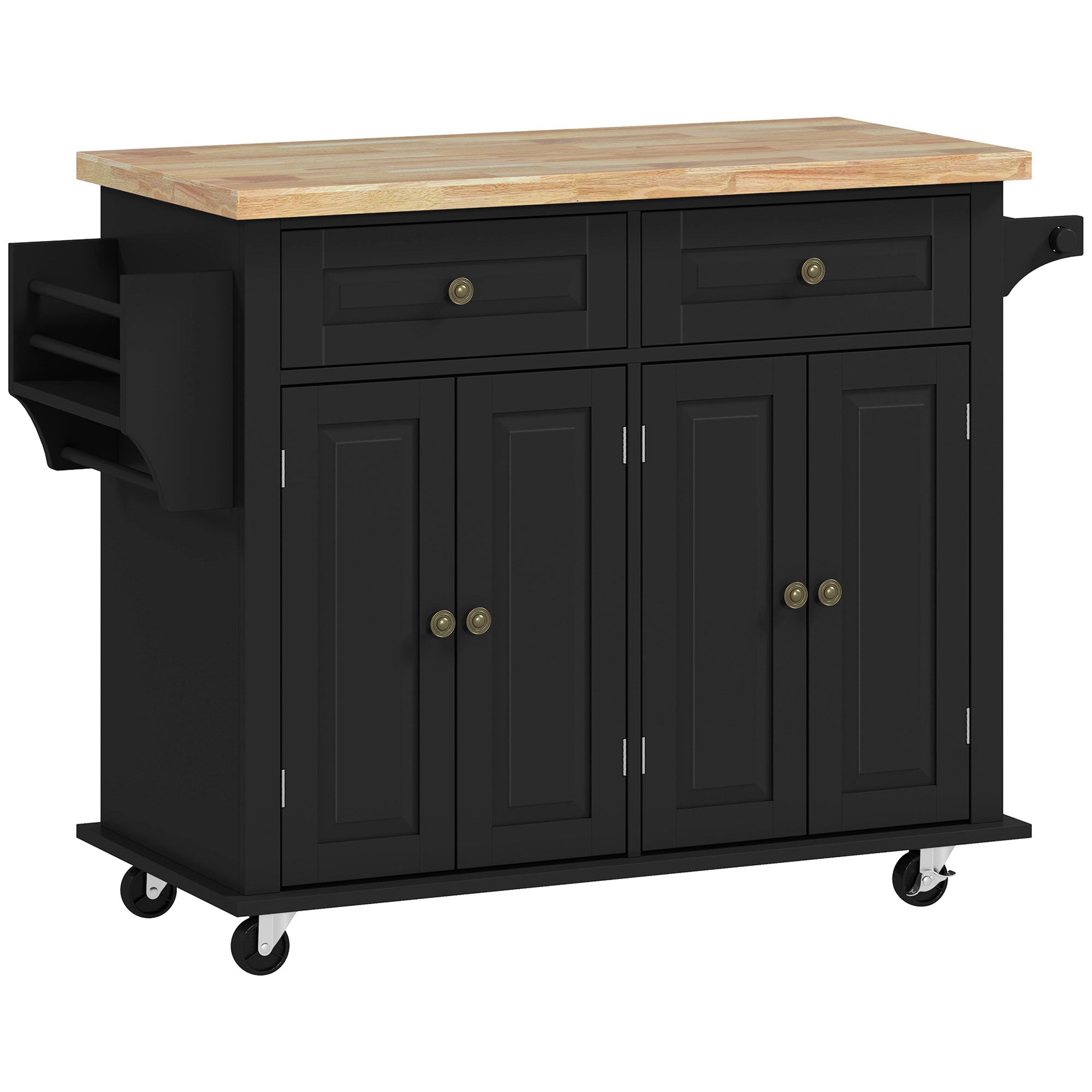 Desserte ilôt de cuisine multi rangements 2 tiroirs 2 placard 2 portes avec étagère range-bouteille porte-torchons et étagère réglable MDF noir hévéa