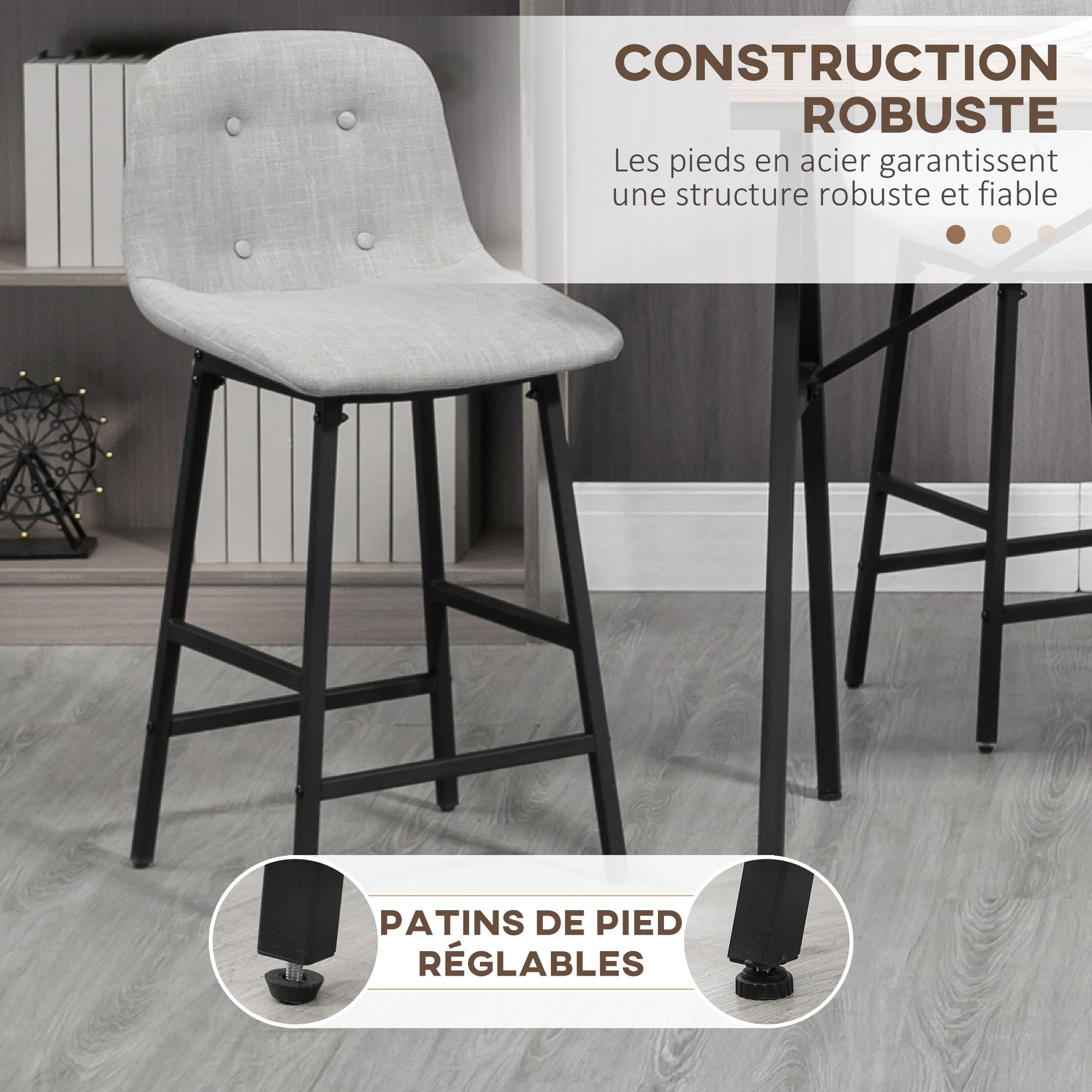 Ensemble table de bar avec tabourets, table à manger debout avec 4 chaises rembourrées, pieds en acier, style industriel, table haute bar et 4 tabourets pour salle à manger, cuisine, gris clair