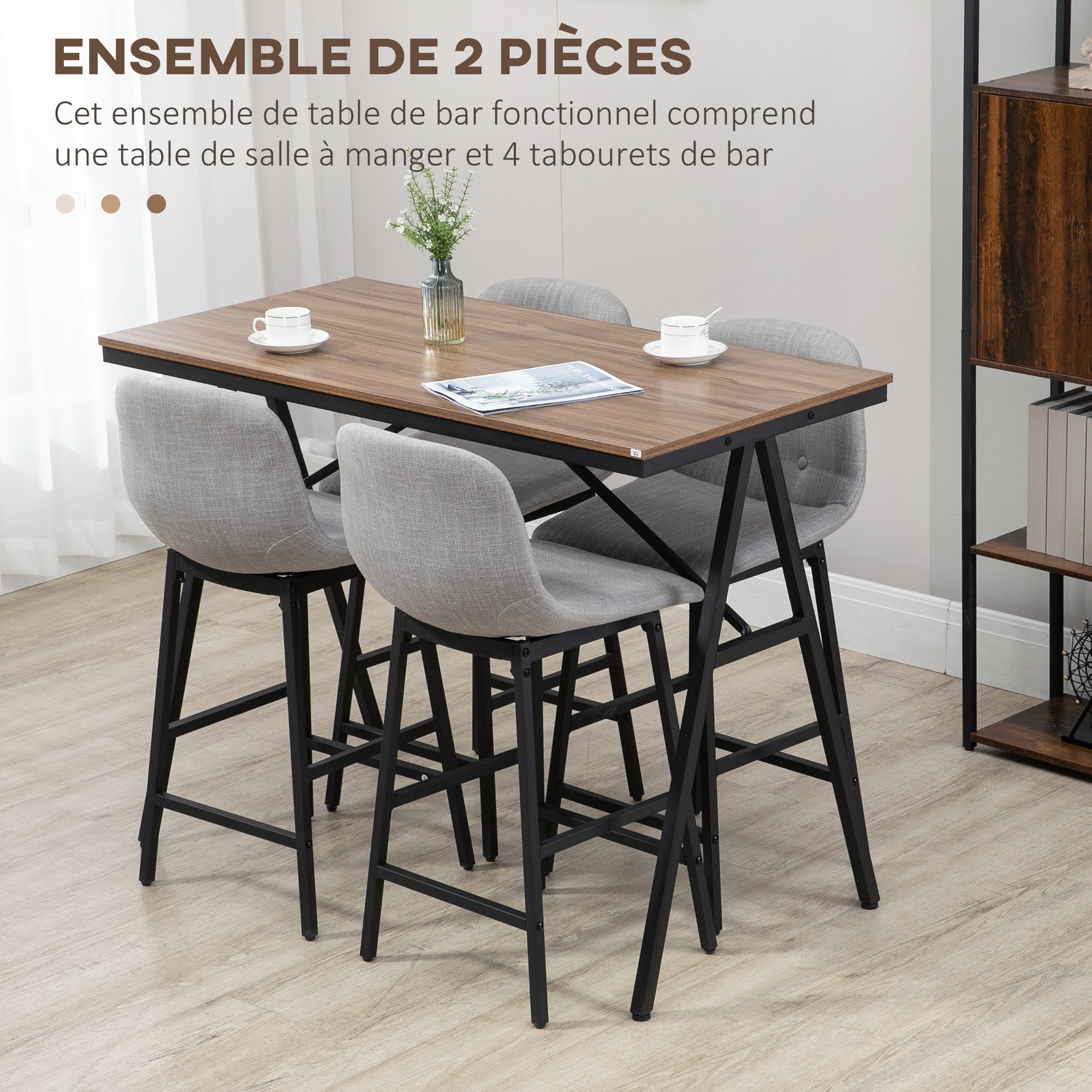 Ensemble table de bar avec tabourets, table à manger debout avec 4 chaises rembourrées, pieds en acier, style industriel, table haute bar et 4 tabourets pour salle à manger, cuisine, gris clair