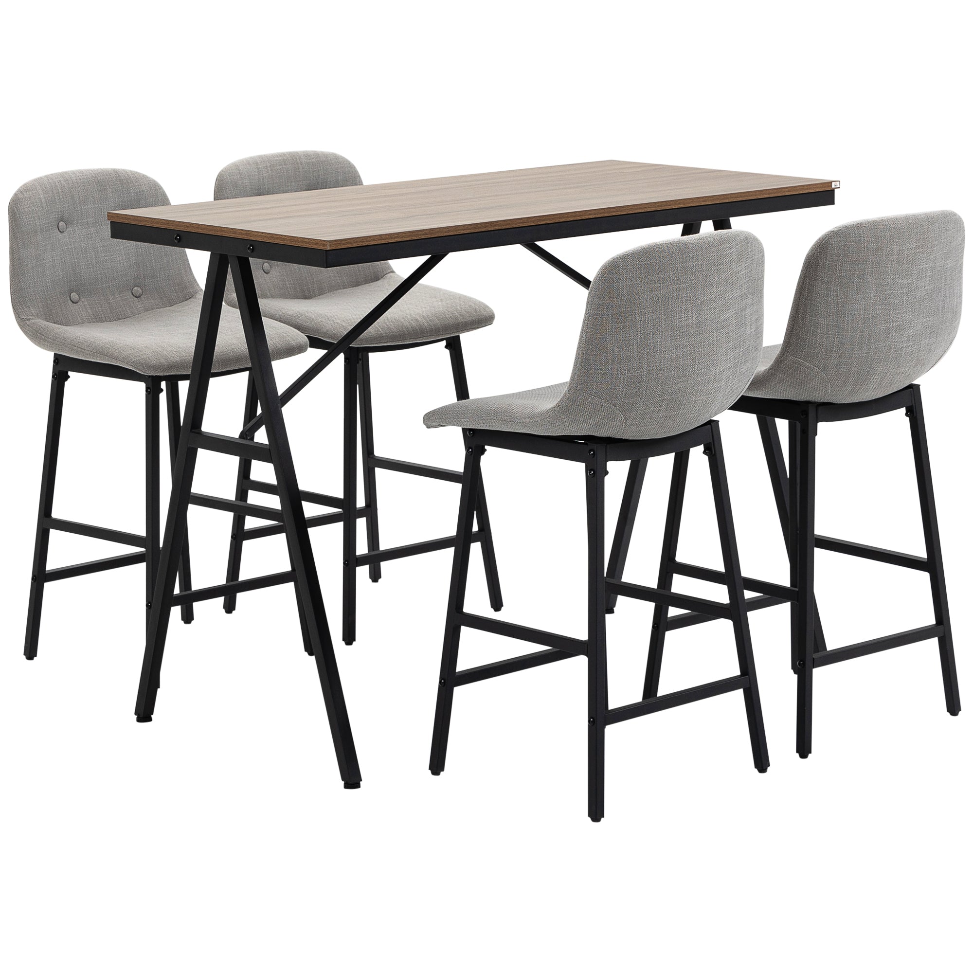Ensemble table de bar avec tabourets, table à manger debout avec 4 chaises rembourrées, pieds en acier, style industriel, table haute bar et 4 tabourets pour salle à manger, cuisine, gris clair