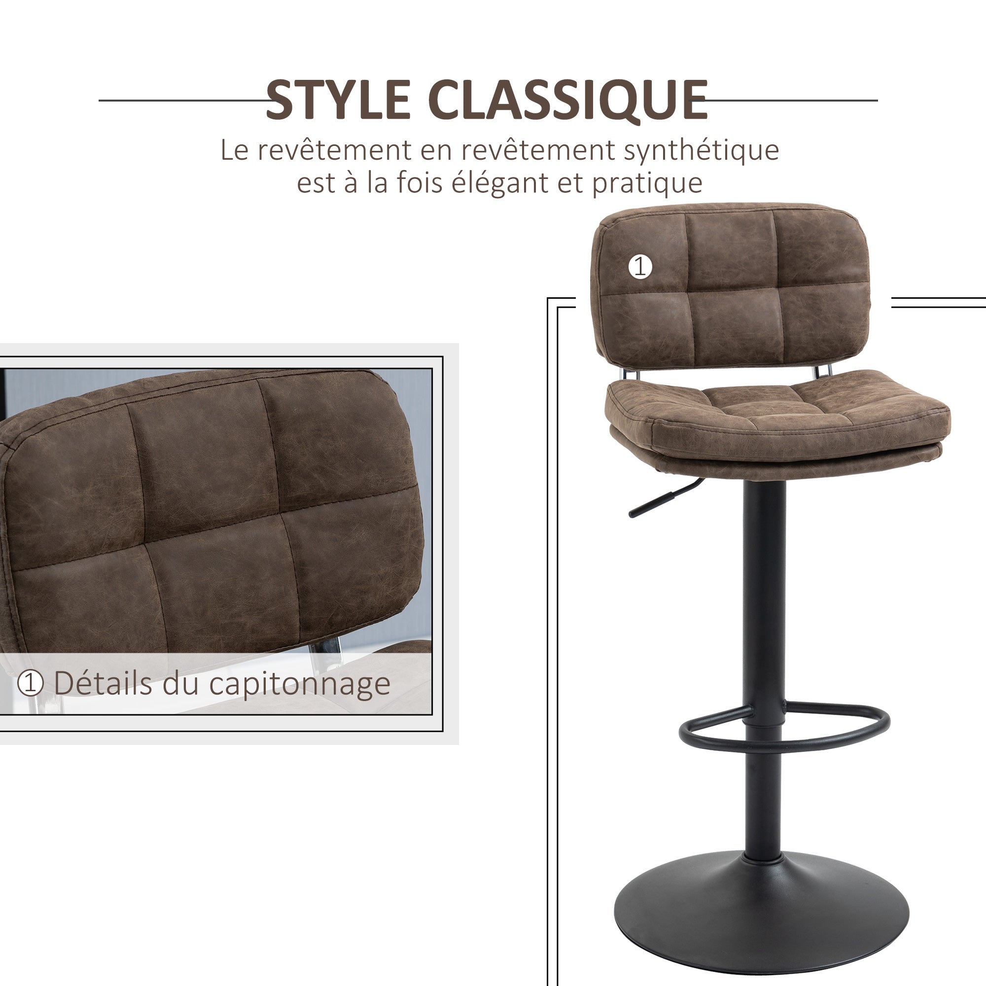 Lot de 2 tabourets de bar Vintage capitonné - pivotant, réglable - repose-pied - revêtement synthétique marron effet vieilli