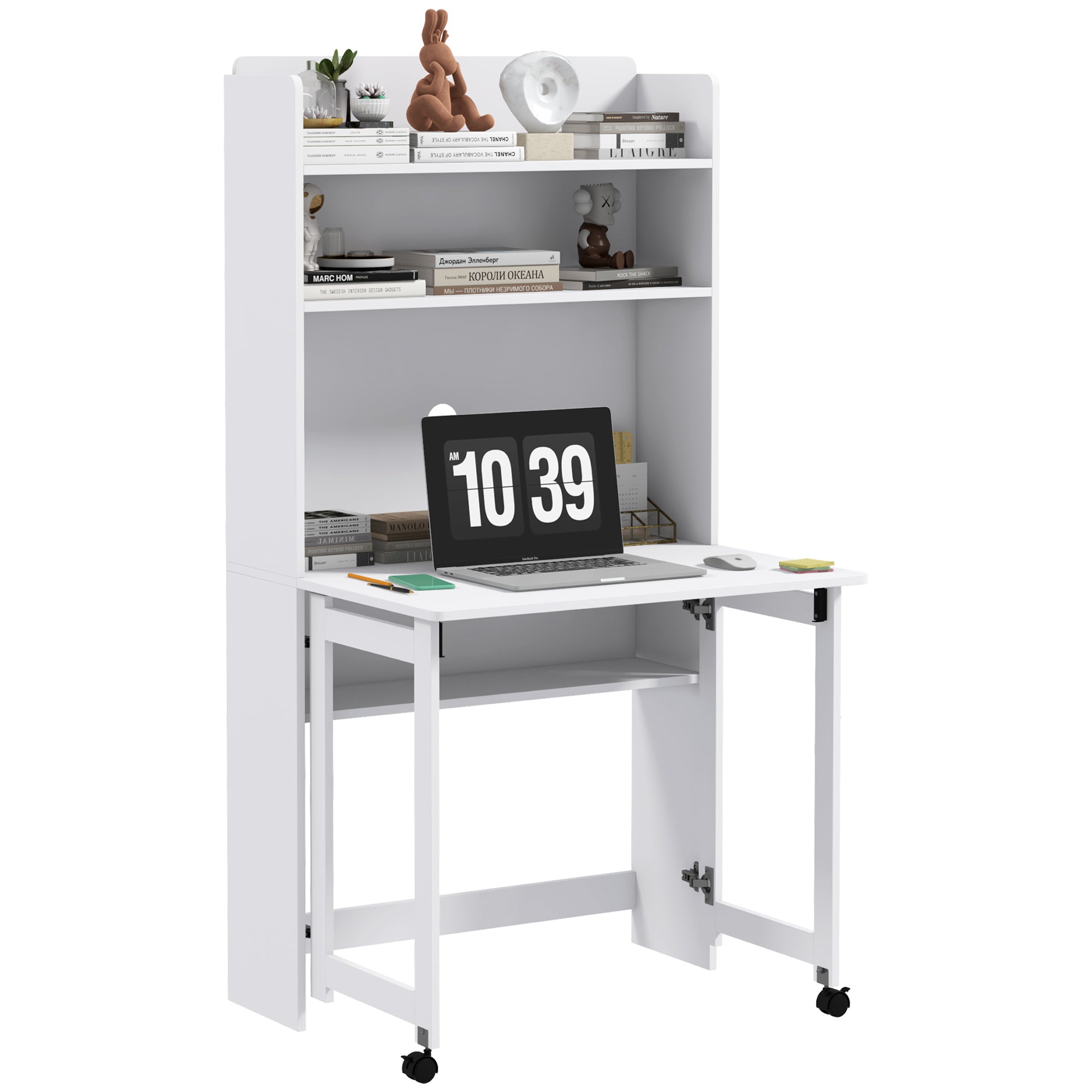 Bureau informatique avec étagères de rangement bureau d'ordinateur avec plateau rabattable et 2 roulettes pour chambre salon et maison 80 x 69 x 155 cm blanc
