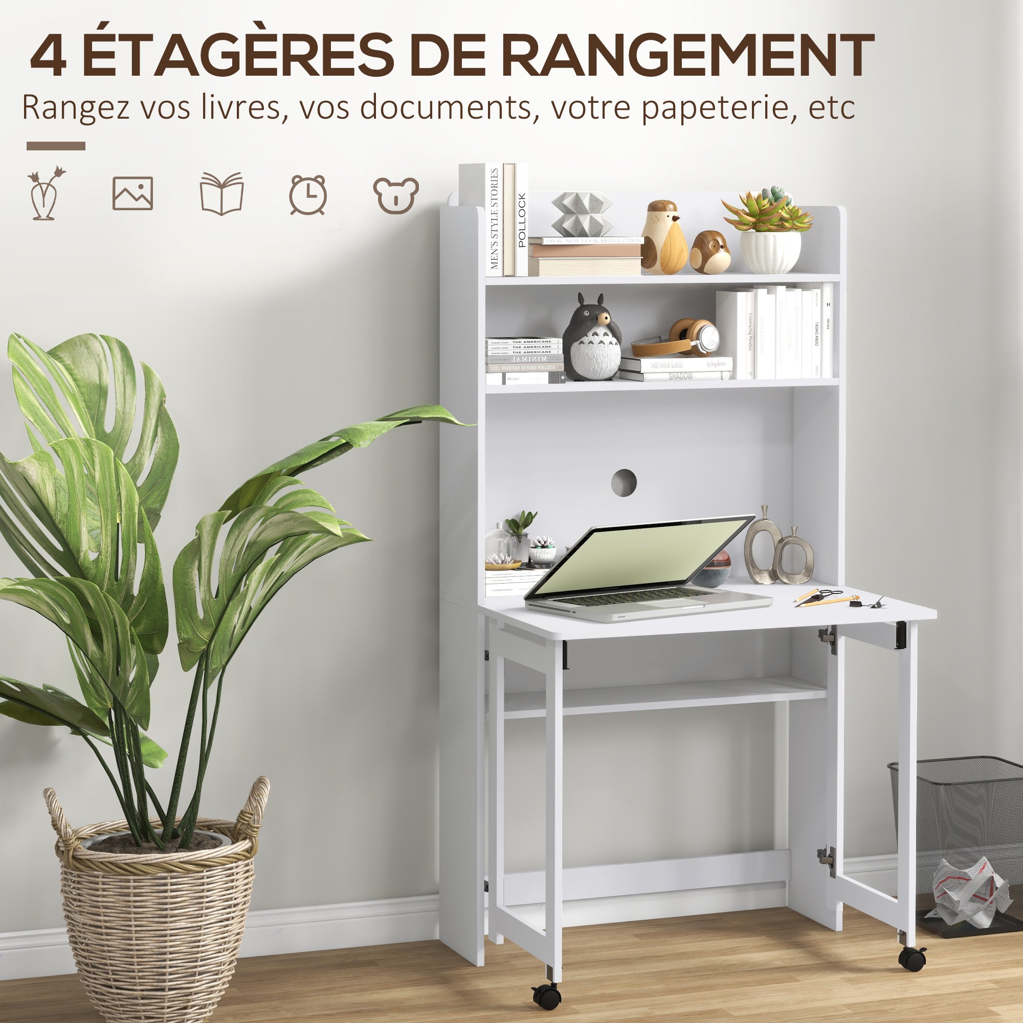Bureau informatique avec étagères de rangement bureau d'ordinateur avec plateau rabattable et 2 roulettes pour chambre salon et maison 80 x 69 x 155 cm blanc