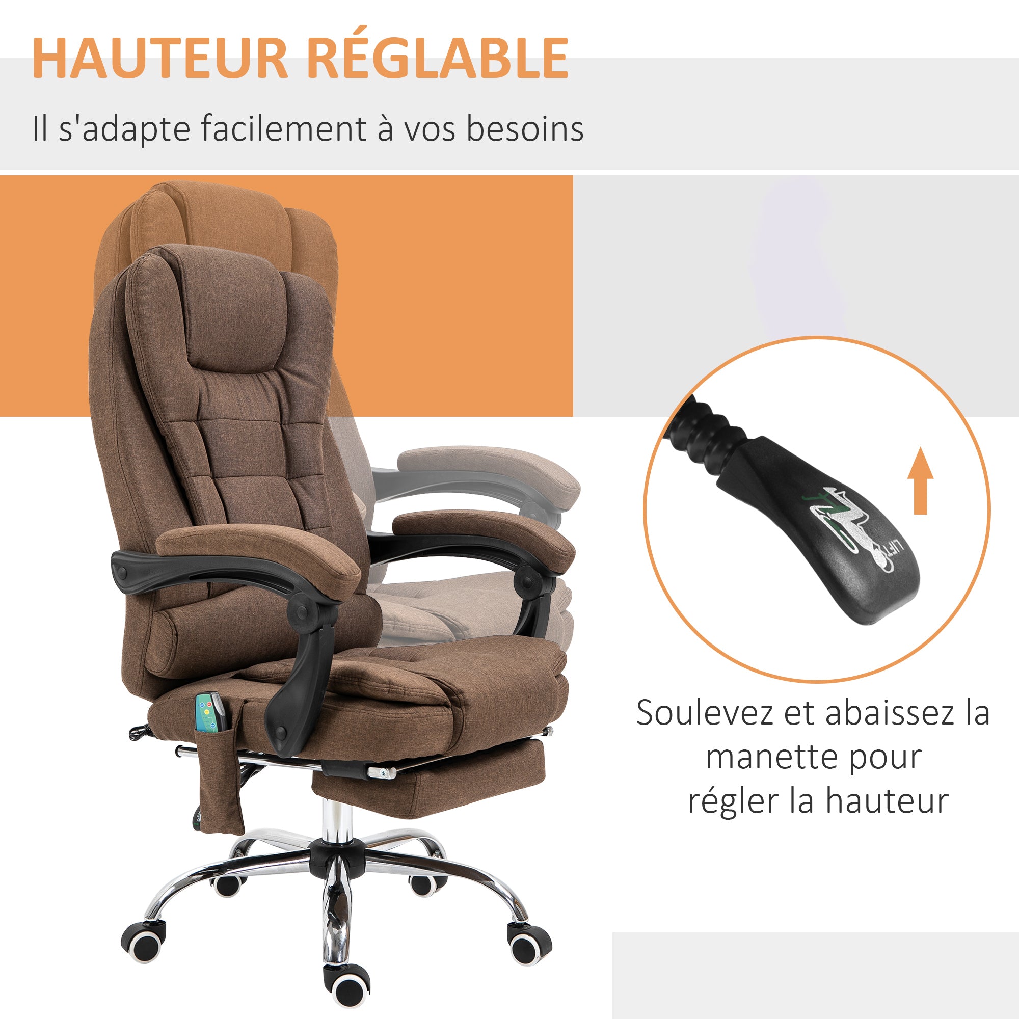 Fauteuil de bureau massant chauffant fauteuil bureau ergonomique hauteur réglable dossier inclinable repose-pied + coussin lombaires intégrés marron