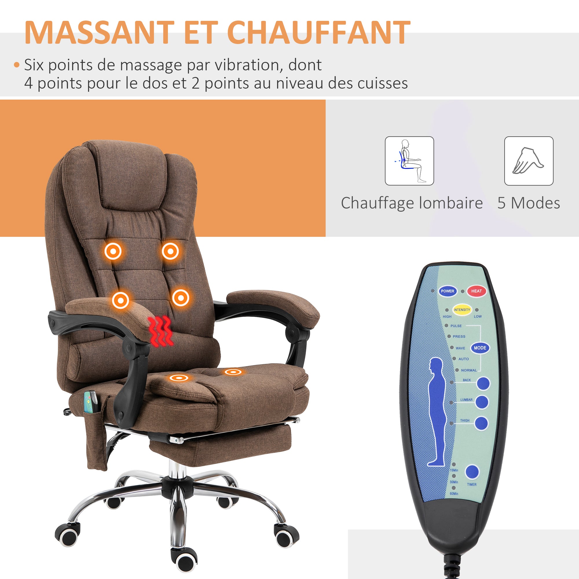 Fauteuil de bureau massant chauffant fauteuil bureau ergonomique hauteur réglable dossier inclinable repose-pied + coussin lombaires intégrés marron