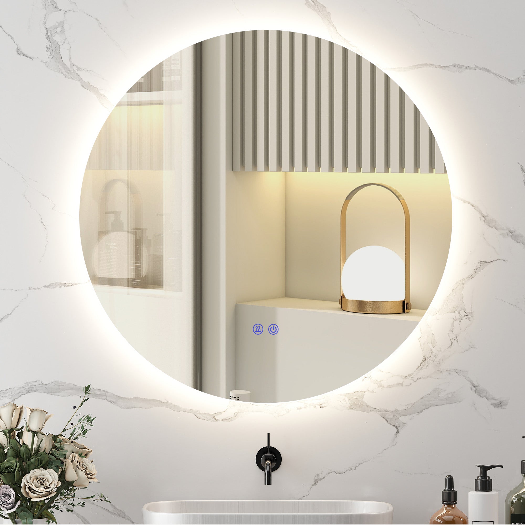 Miroir rond lumineux LED miroir mural de salle de bain 80 cm avec éclairage interrupteur tactile système antibuée luminosité réglable 20,5W+26W blanc et argent