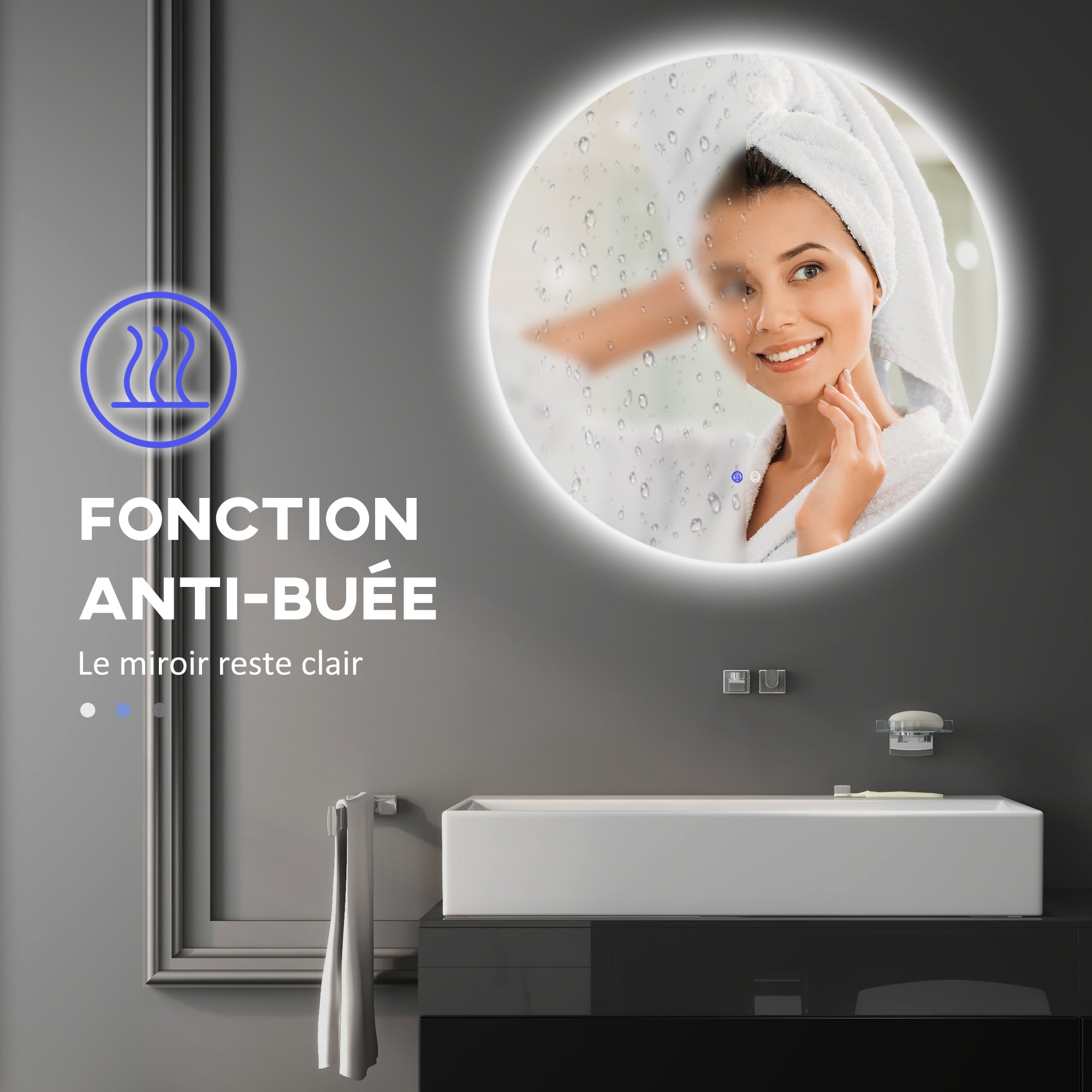 Miroir rond lumineux LED miroir mural de salle de bain 80 cm avec éclairage interrupteur tactile système antibuée luminosité réglable 20,5W+26W blanc et argent