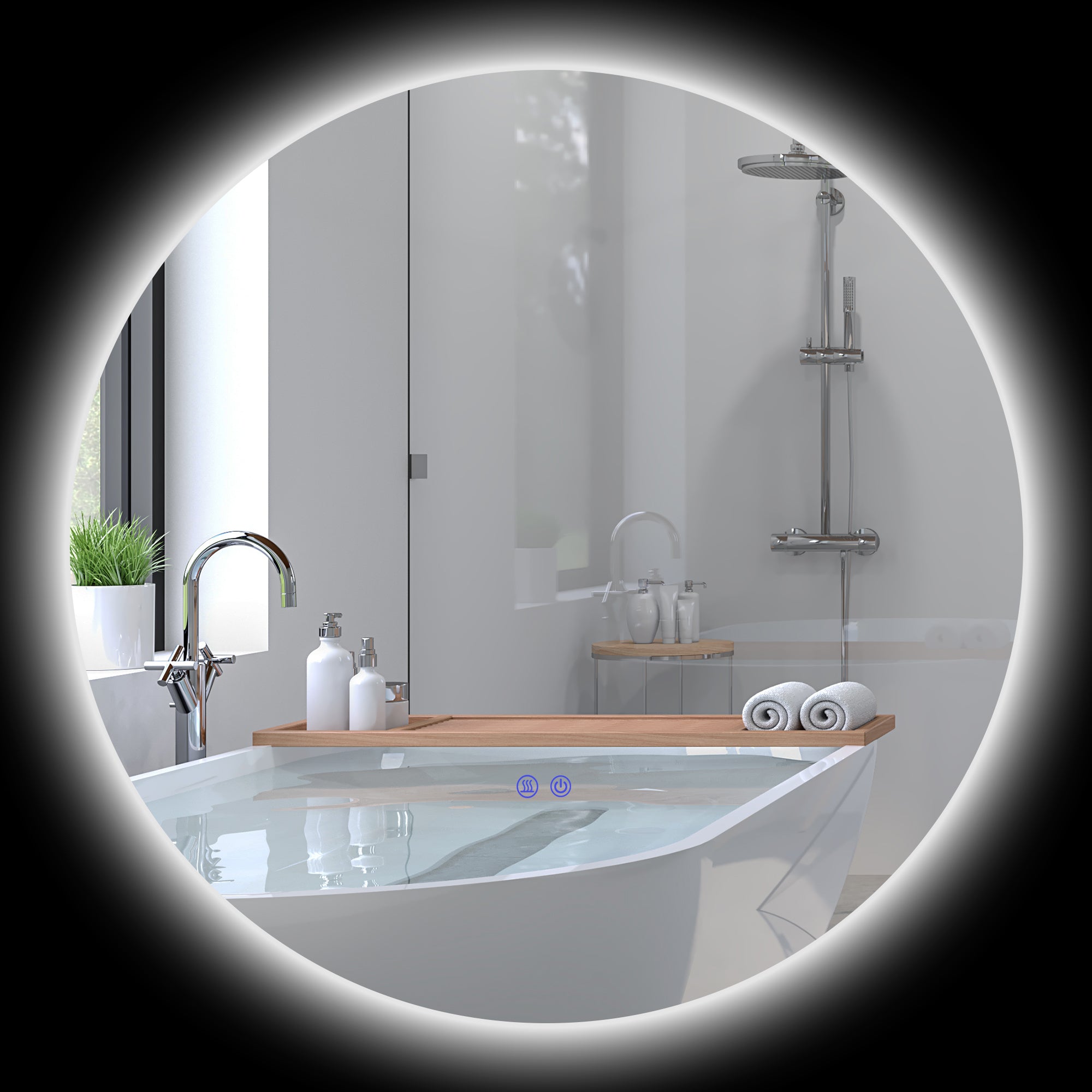 Miroir rond lumineux LED miroir mural de salle de bain 80 cm avec éclairage interrupteur tactile système antibuée luminosité réglable 20,5W+26W blanc et argent