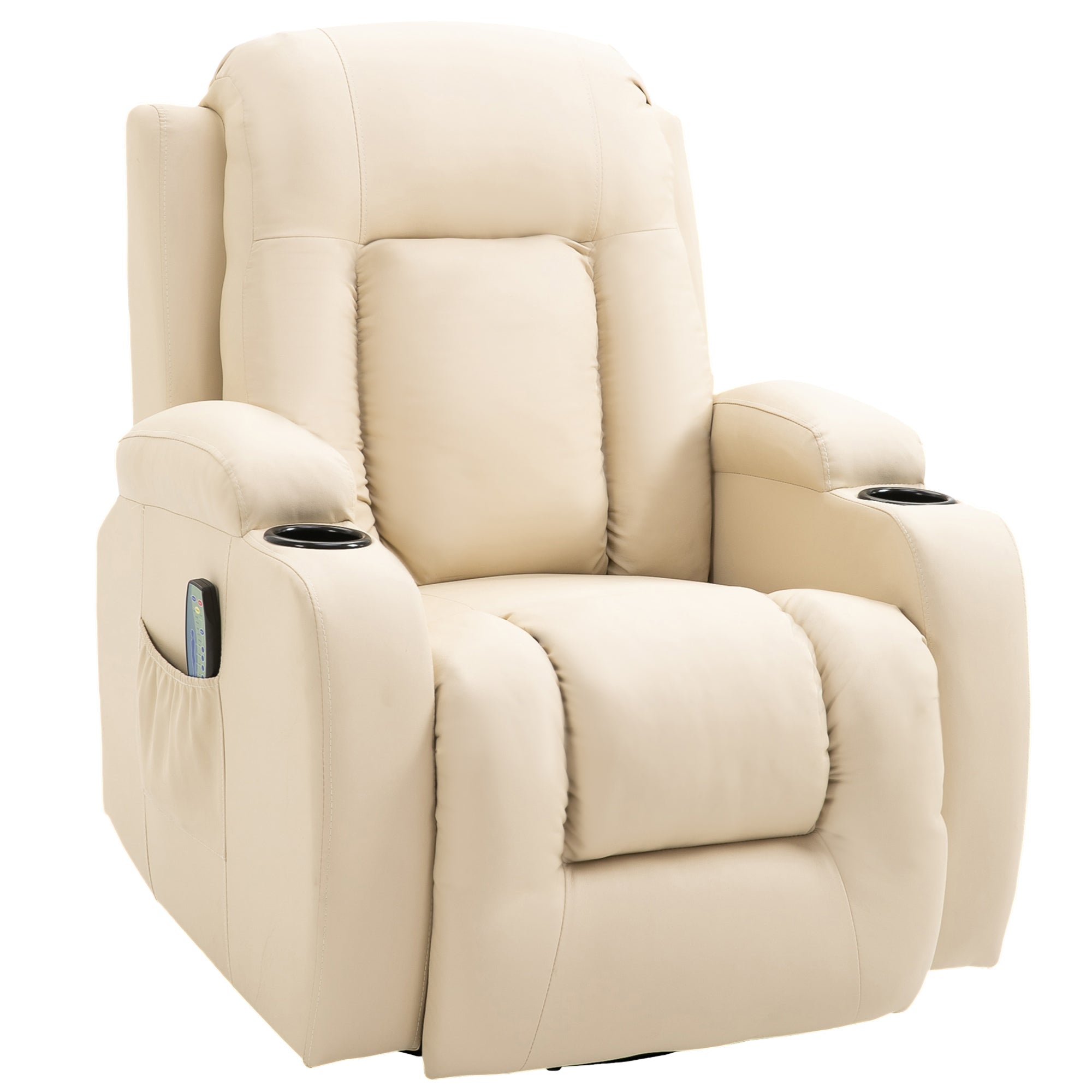 Fauteuil de massage inclinable, fauteuil de relaxation, dossier et repose-pieds réglable manuellement, fonction bascule, pivotant à 360°, porte-gobelets, poches latérales, télécommande, crème