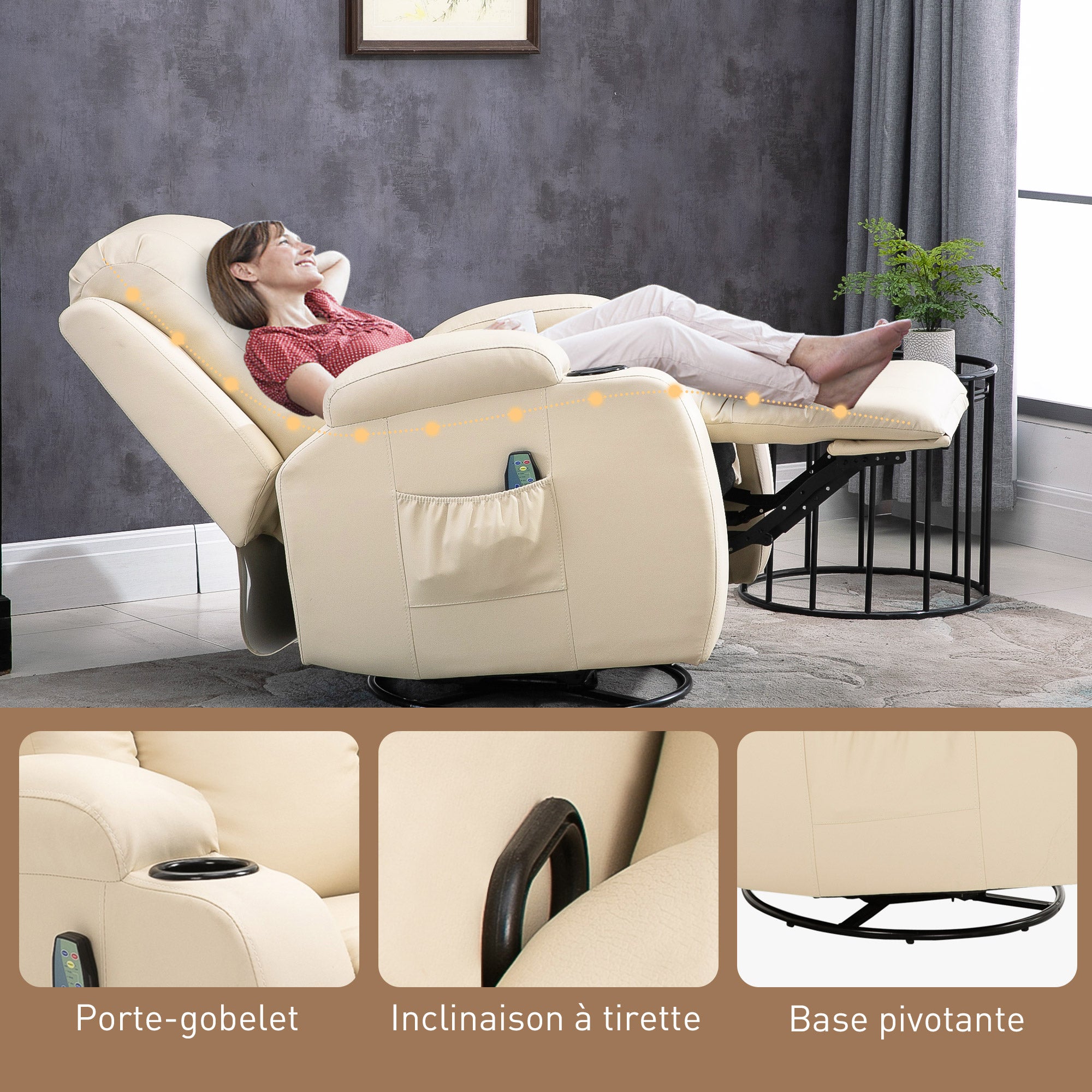Fauteuil de massage inclinable, fauteuil de relaxation, dossier et repose-pieds réglable manuellement, fonction bascule, pivotant à 360°, porte-gobelets, poches latérales, télécommande, crème