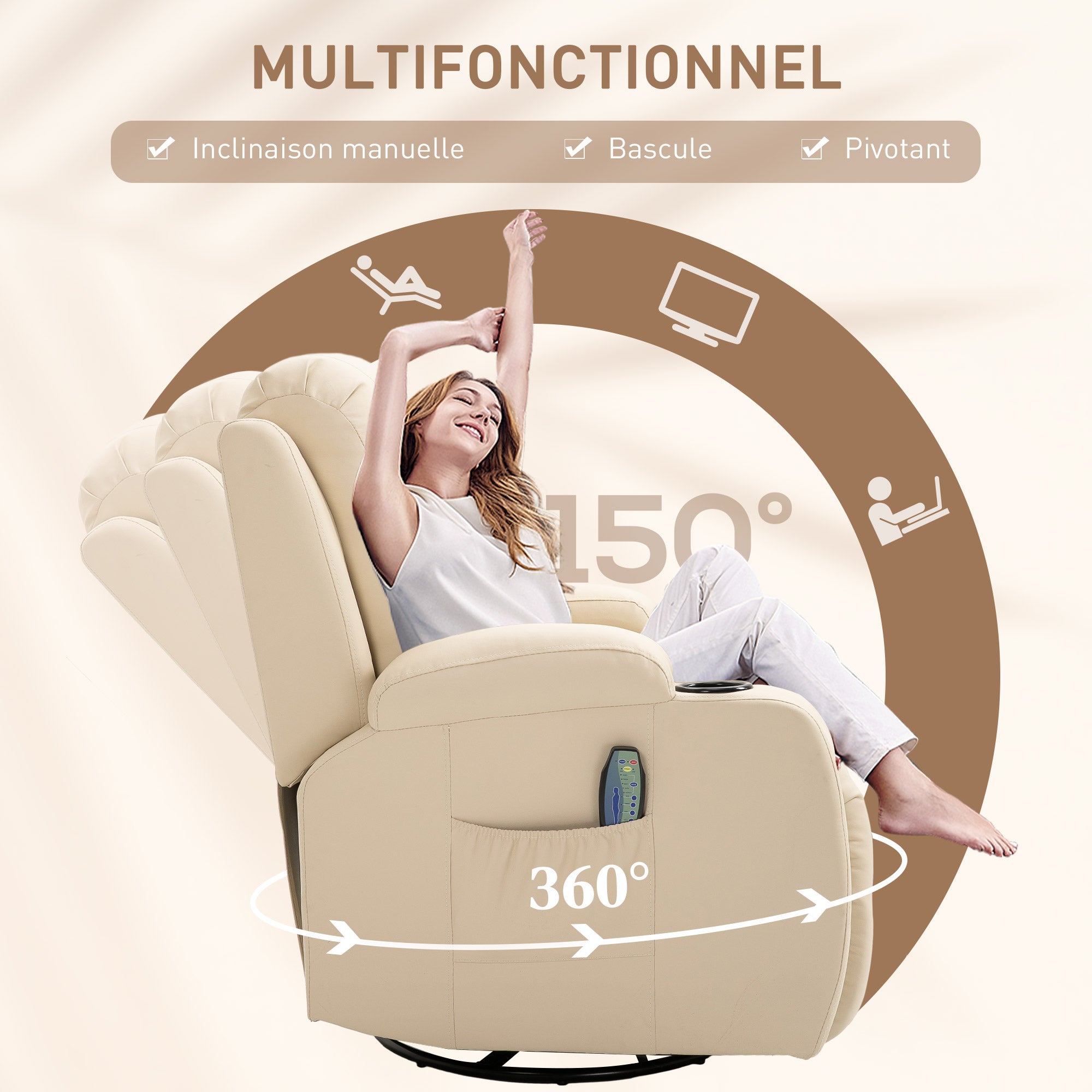 Fauteuil de massage inclinable, fauteuil de relaxation, dossier et repose-pieds réglable manuellement, fonction bascule, pivotant à 360°, porte-gobelets, poches latérales, télécommande, crème
