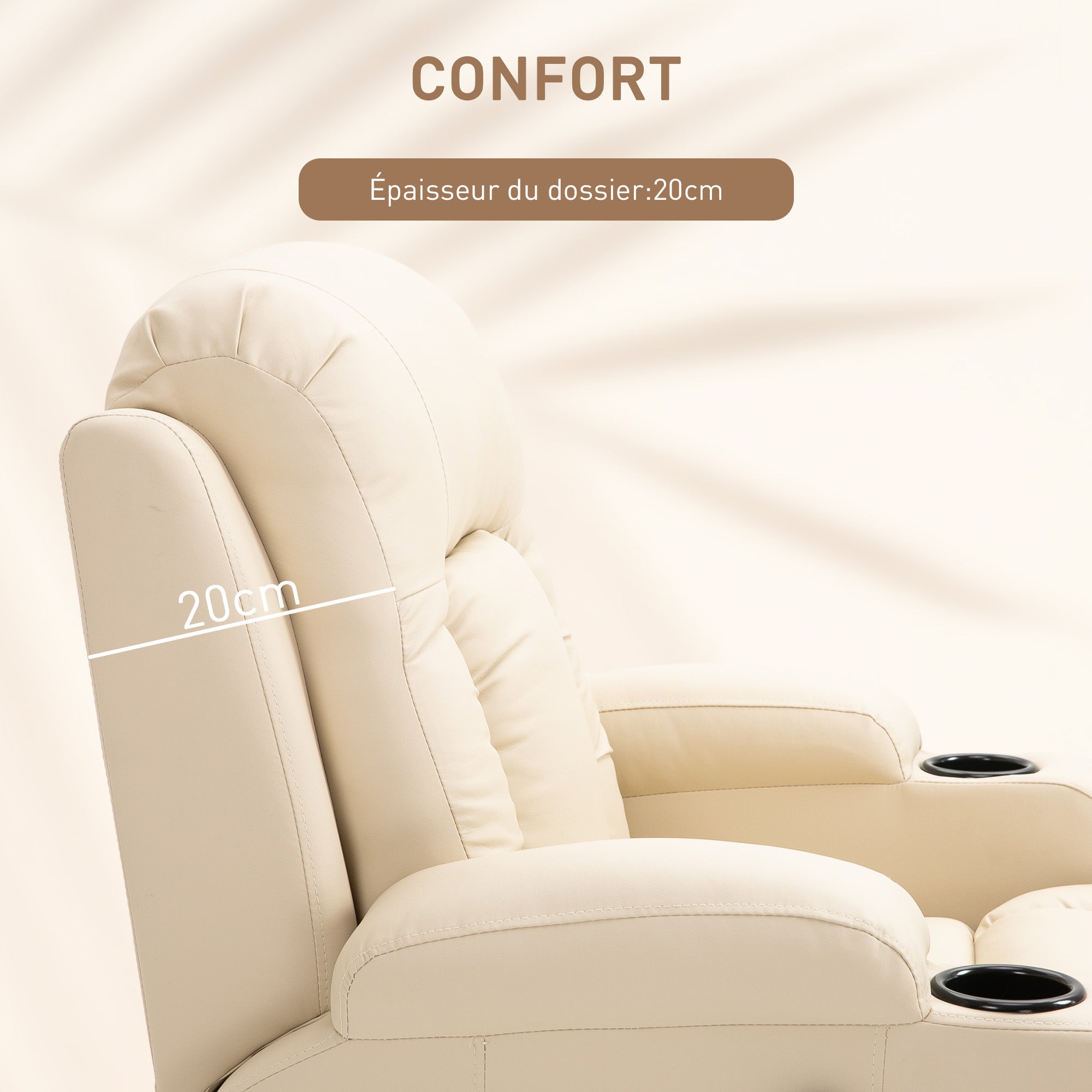 Fauteuil de massage inclinable, fauteuil de relaxation, dossier et repose-pieds réglable manuellement, fonction bascule, pivotant à 360°, porte-gobelets, poches latérales, télécommande, crème
