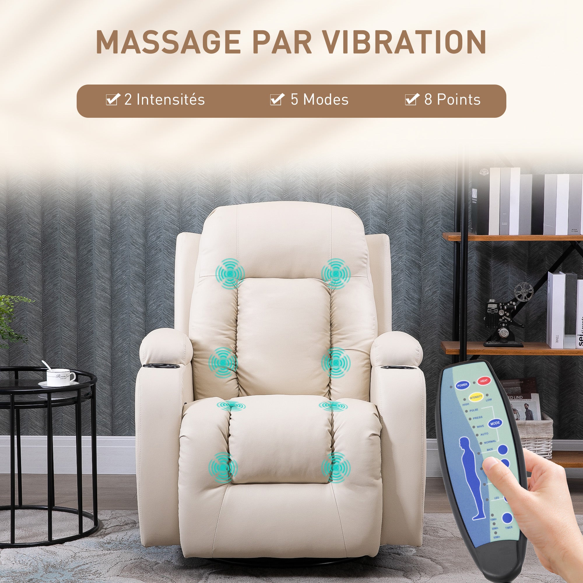 Fauteuil de massage inclinable, fauteuil de relaxation, dossier et repose-pieds réglable manuellement, fonction bascule, pivotant à 360°, porte-gobelets, poches latérales, télécommande, crème