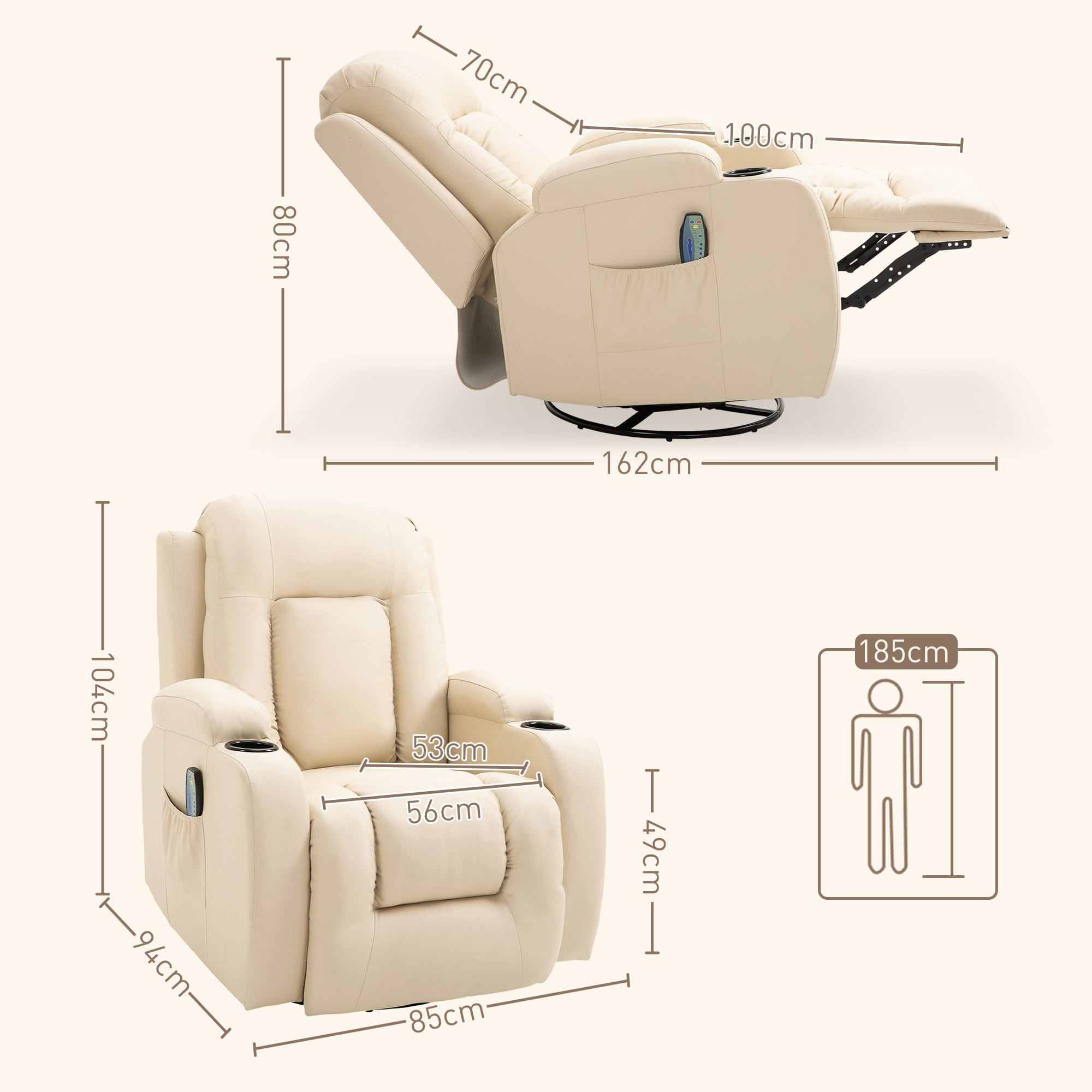 Fauteuil de massage inclinable, fauteuil de relaxation, dossier et repose-pieds réglable manuellement, fonction bascule, pivotant à 360°, porte-gobelets, poches latérales, télécommande, crème
