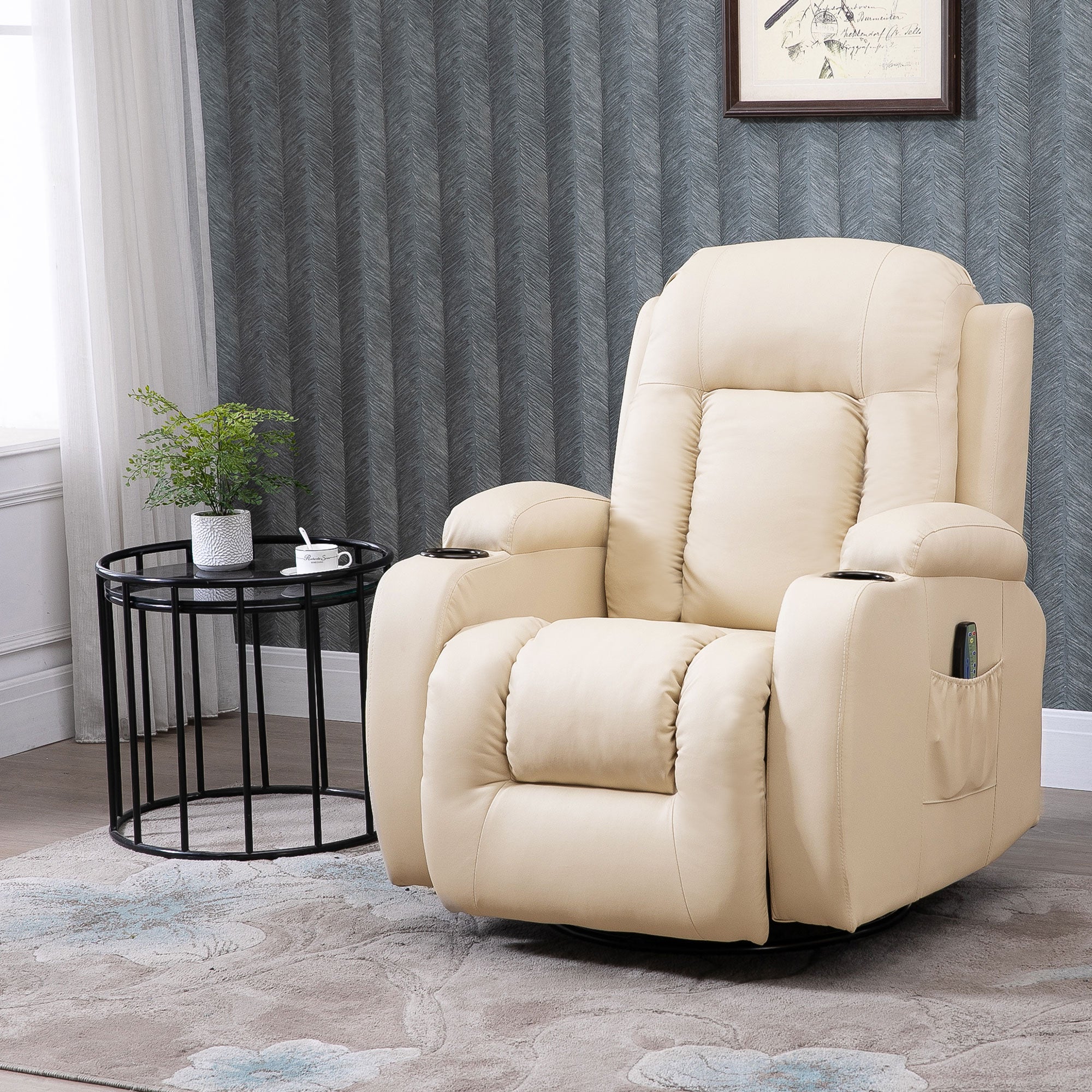 Fauteuil de massage inclinable, fauteuil de relaxation, dossier et repose-pieds réglable manuellement, fonction bascule, pivotant à 360°, porte-gobelets, poches latérales, télécommande, crème