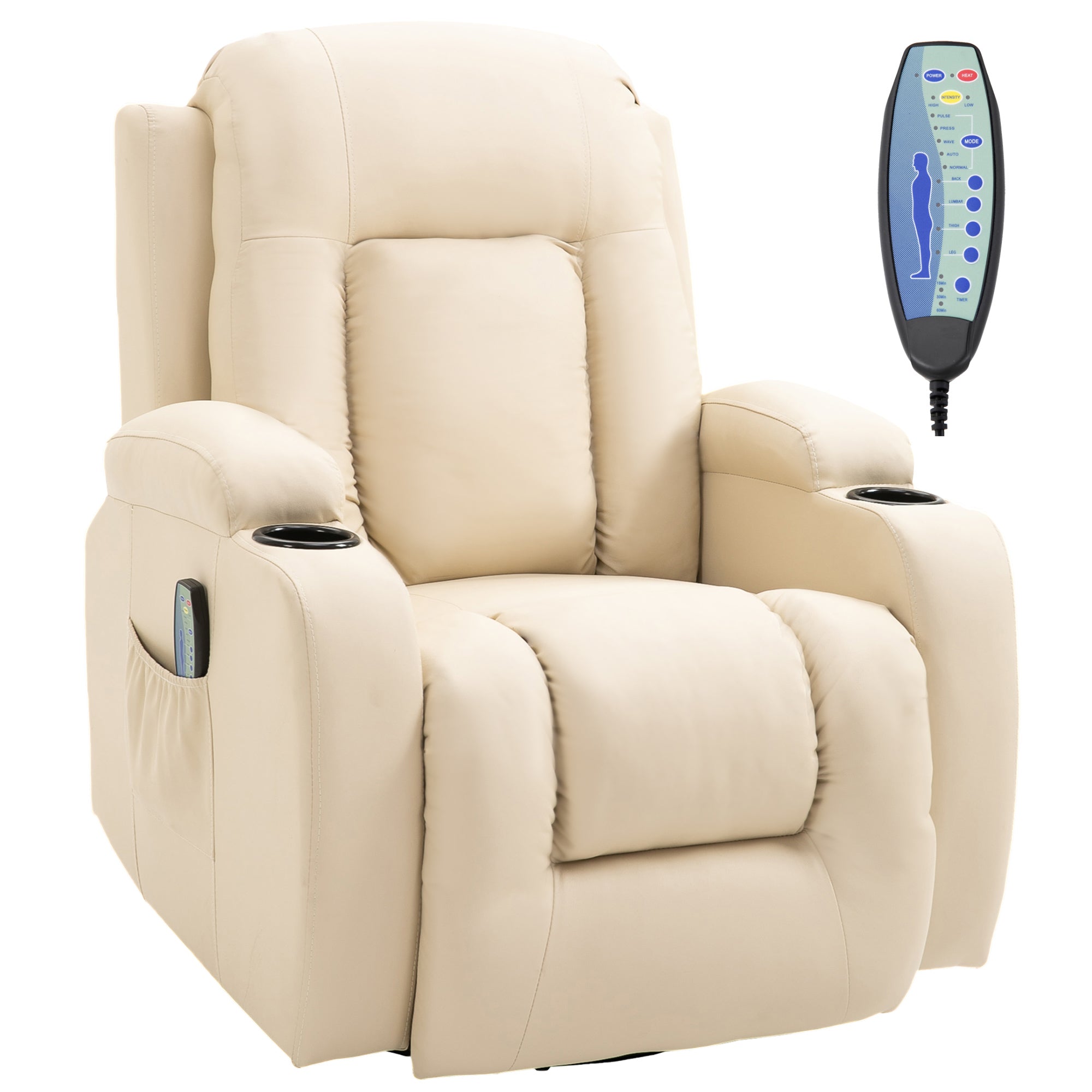 Fauteuil de massage inclinable, fauteuil de relaxation, dossier et repose-pieds réglable manuellement, fonction bascule, pivotant à 360°, porte-gobelets, poches latérales, télécommande, crème