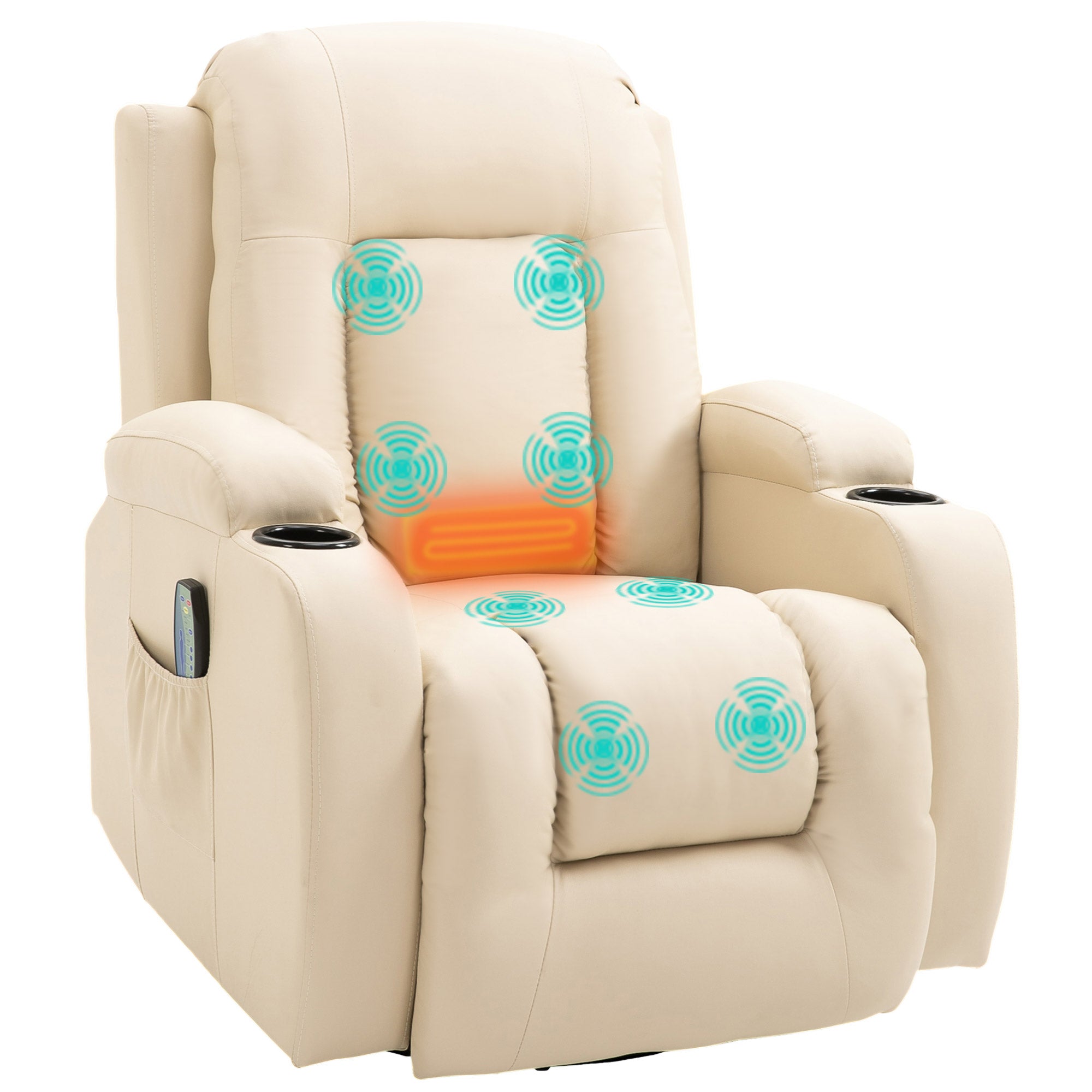 Fauteuil de massage inclinable, fauteuil de relaxation, dossier et repose-pieds réglable manuellement, fonction bascule, pivotant à 360°, porte-gobelets, poches latérales, télécommande, crème