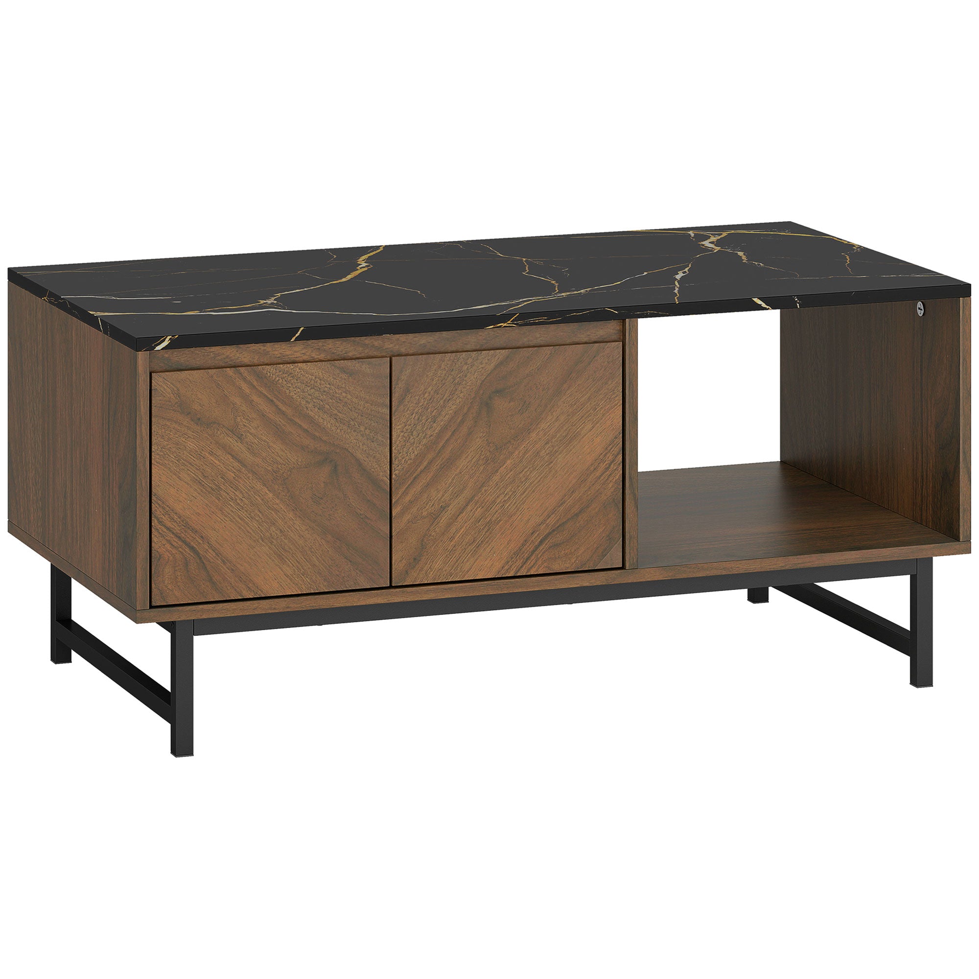 Table basse, table de salon avec plateau effet marbre, 2 portes et 2 compartiments ouverts, cadre en acier, style moderne, pour salon, bureau, 100 x 50,8 x 45,7 cm, noyer