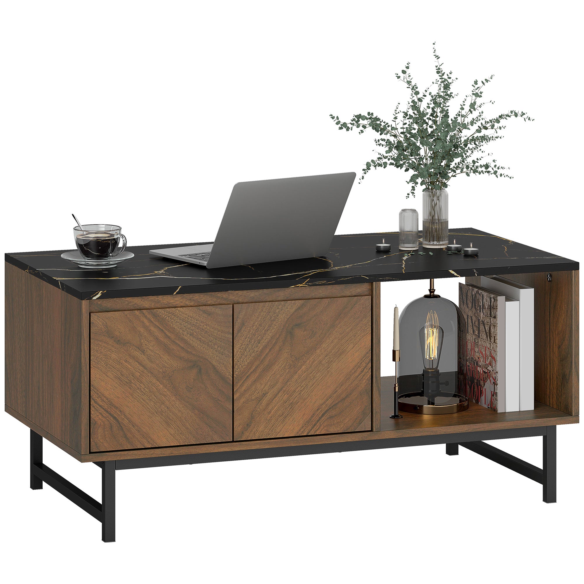 Table basse, table de salon avec plateau effet marbre, 2 portes et 2 compartiments ouverts, cadre en acier, style moderne, pour salon, bureau, 100 x 50,8 x 45,7 cm, noyer
