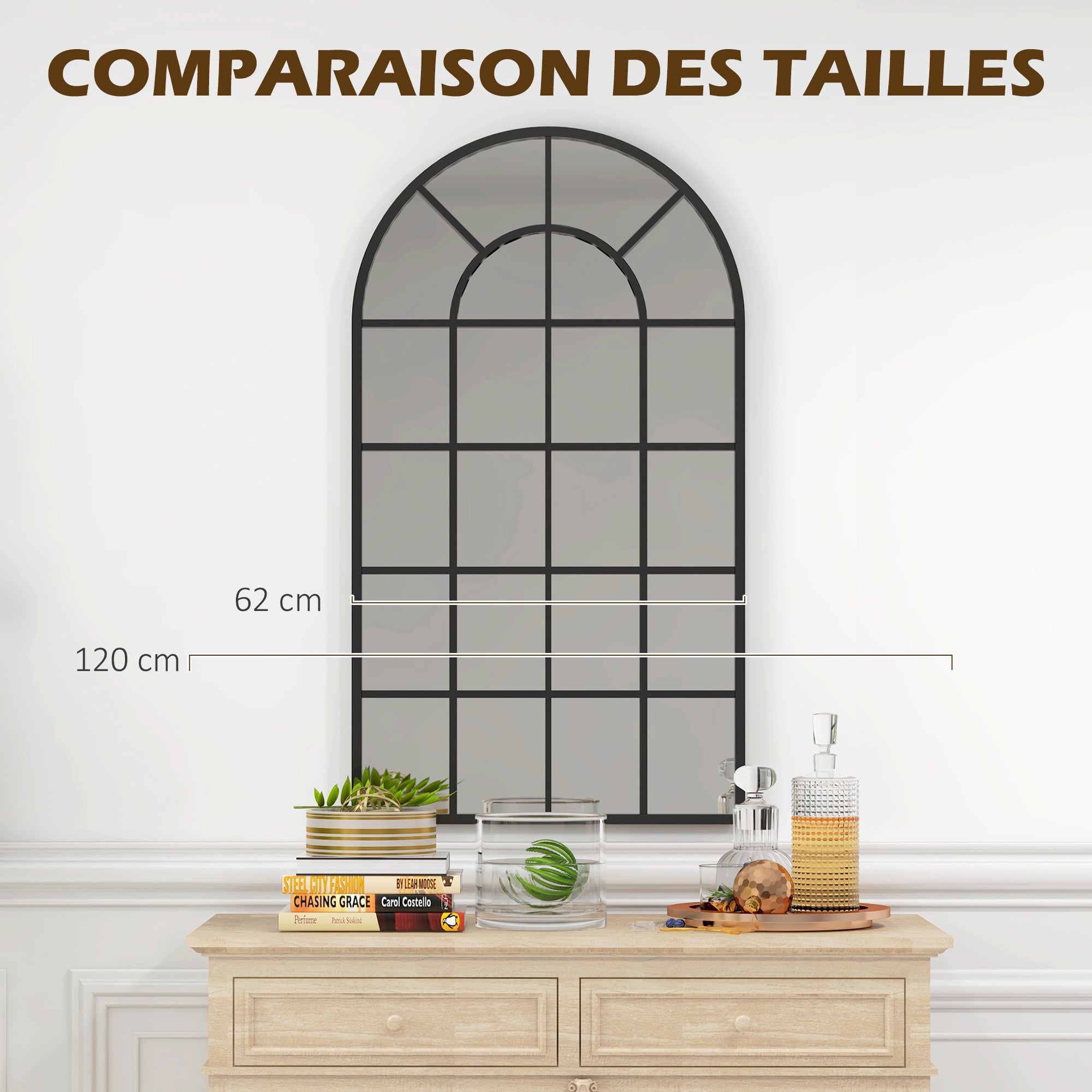 Miroir verrière arche style industriel fenêtre arcade métal noir - 110 x 65 cm