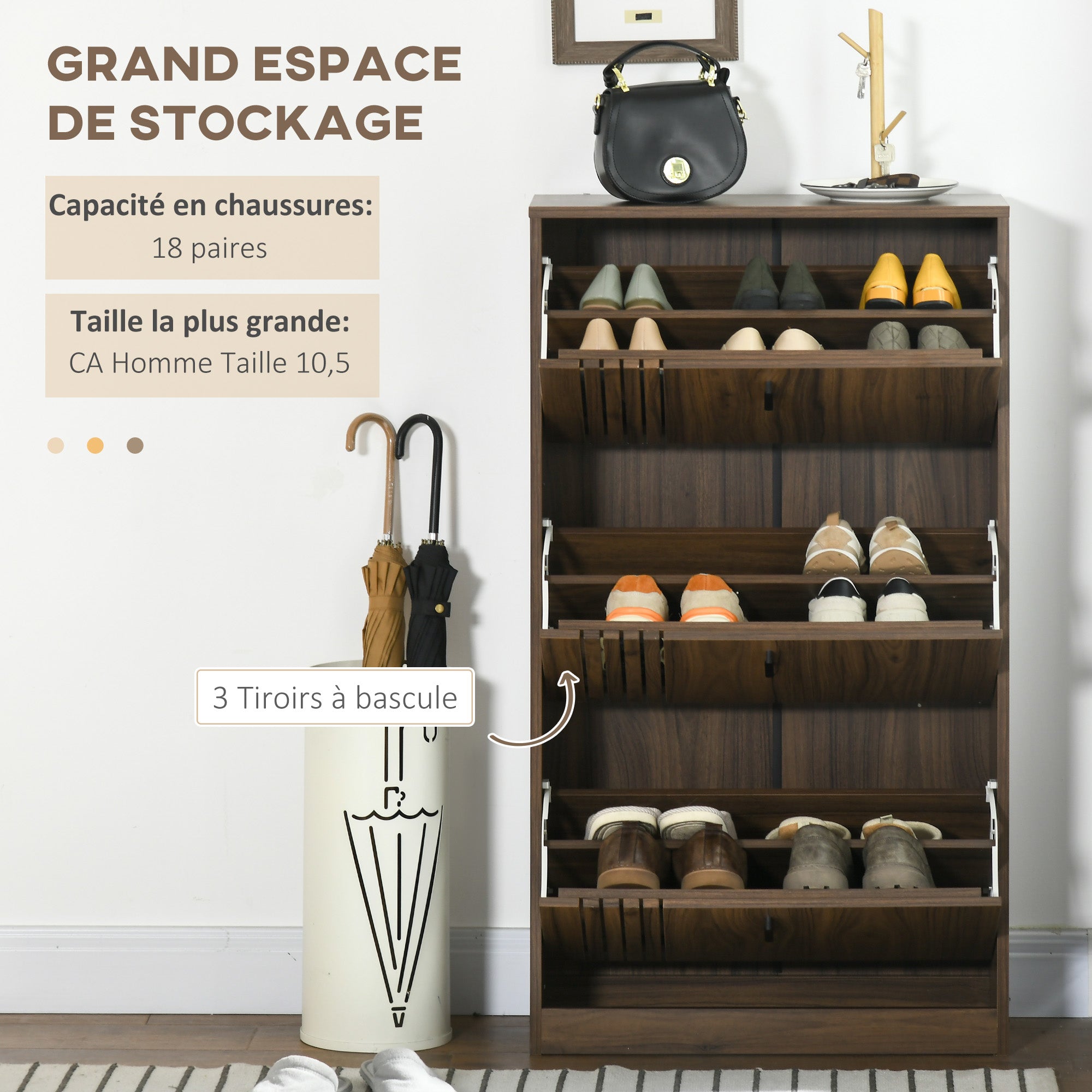 Meuble à chaussures à 3 abattants, 18 paires, armoire à chaussures 3 compartiments, grande capacité pour entrée, couloir, salon, 63 x 24 x 117 cm, noyer foncé