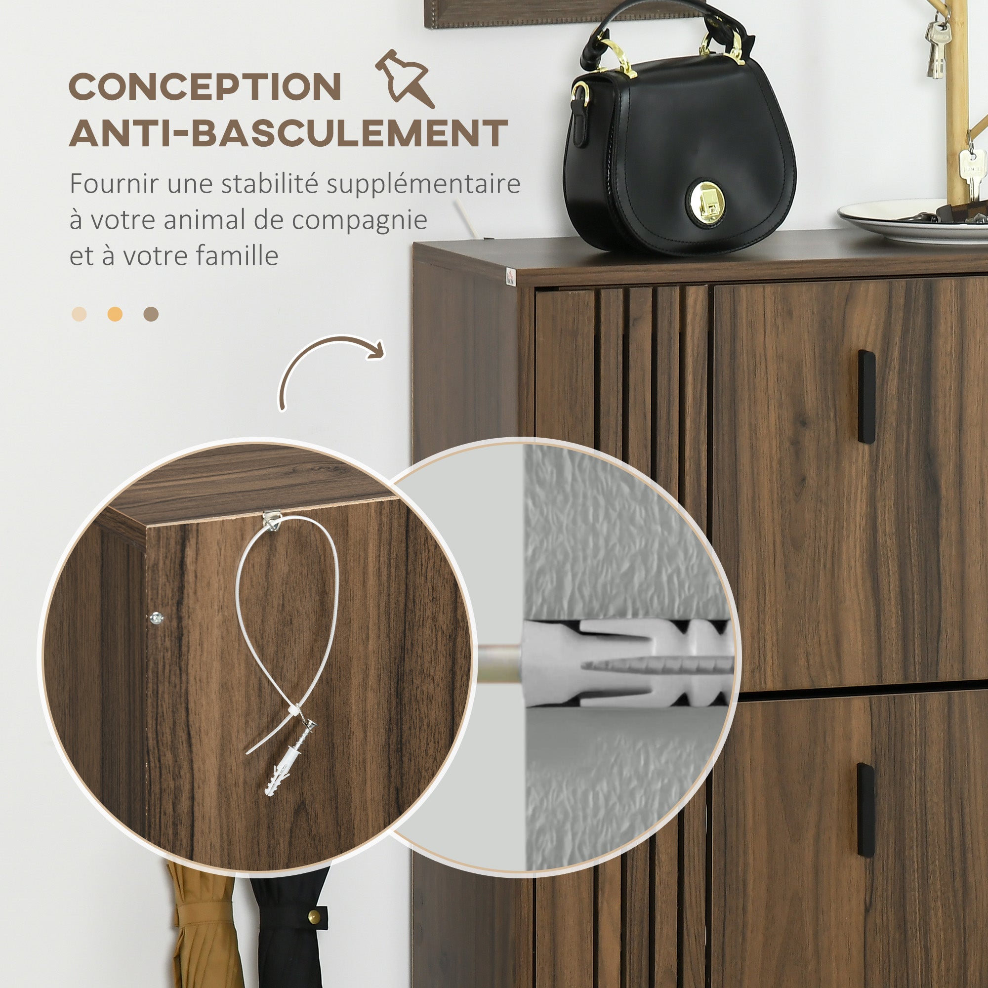 Meuble à chaussures à 3 abattants, 18 paires, armoire à chaussures 3 compartiments, grande capacité pour entrée, couloir, salon, 63 x 24 x 117 cm, noyer foncé