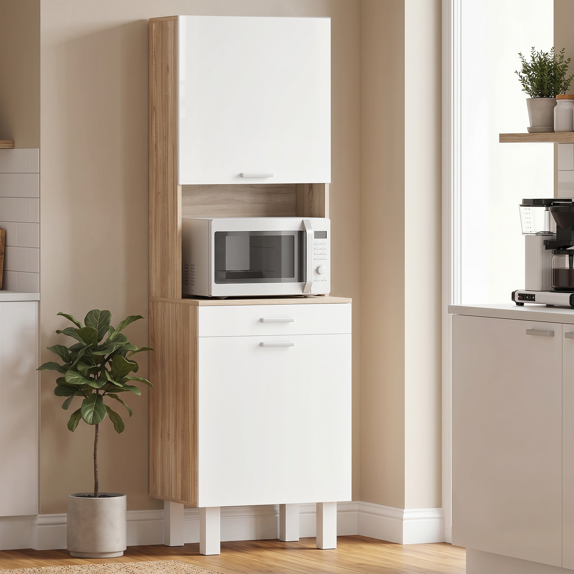 Buffet haut cuisine, armoire de cuisine, vaisselier avec 2 portes, tiroir et plan de travail, style moderne, meuble de rangement pour salon, salle à manger, 55x40x174 cm, blanc et bois naturel