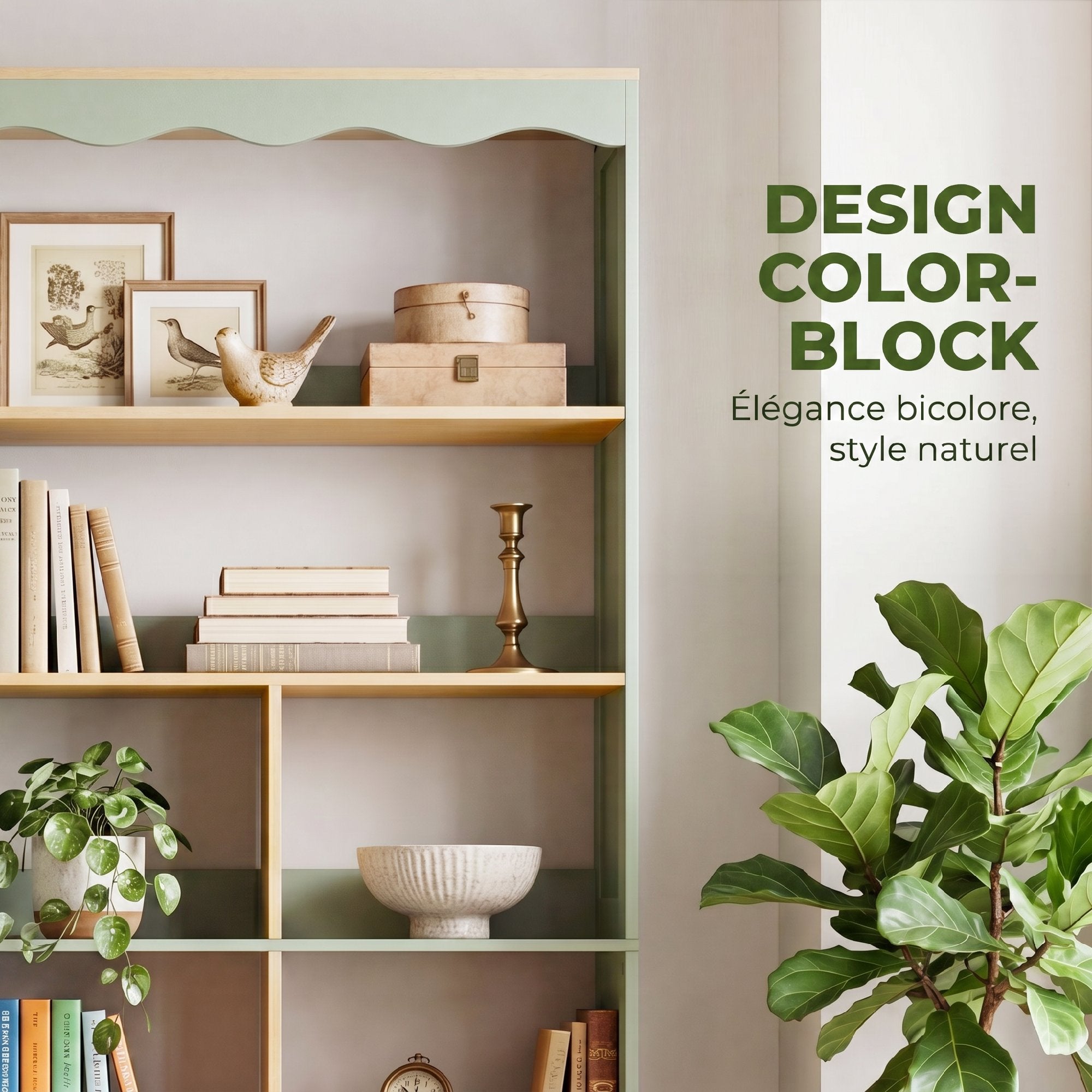 Bibliothèque, étagère de rangement à 6 niveaux avec 6 compartiments ouverts, meuble de rangement pour salon, bureau, chambre, 76 x 23,8 x 180 cm, bois naturel et vert