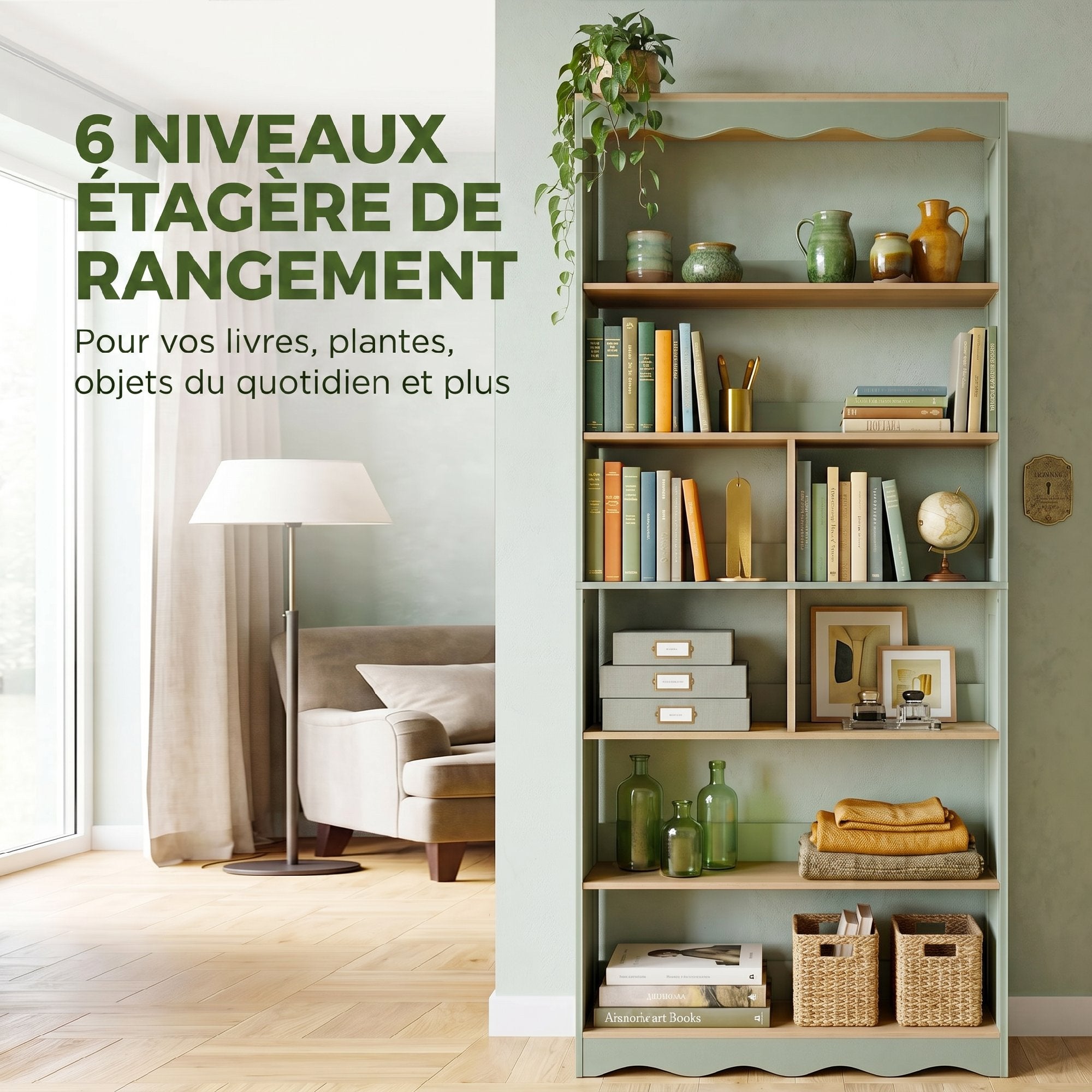 Bibliothèque, étagère de rangement à 6 niveaux avec 6 compartiments ouverts, meuble de rangement pour salon, bureau, chambre, 76 x 23,8 x 180 cm, bois naturel et vert