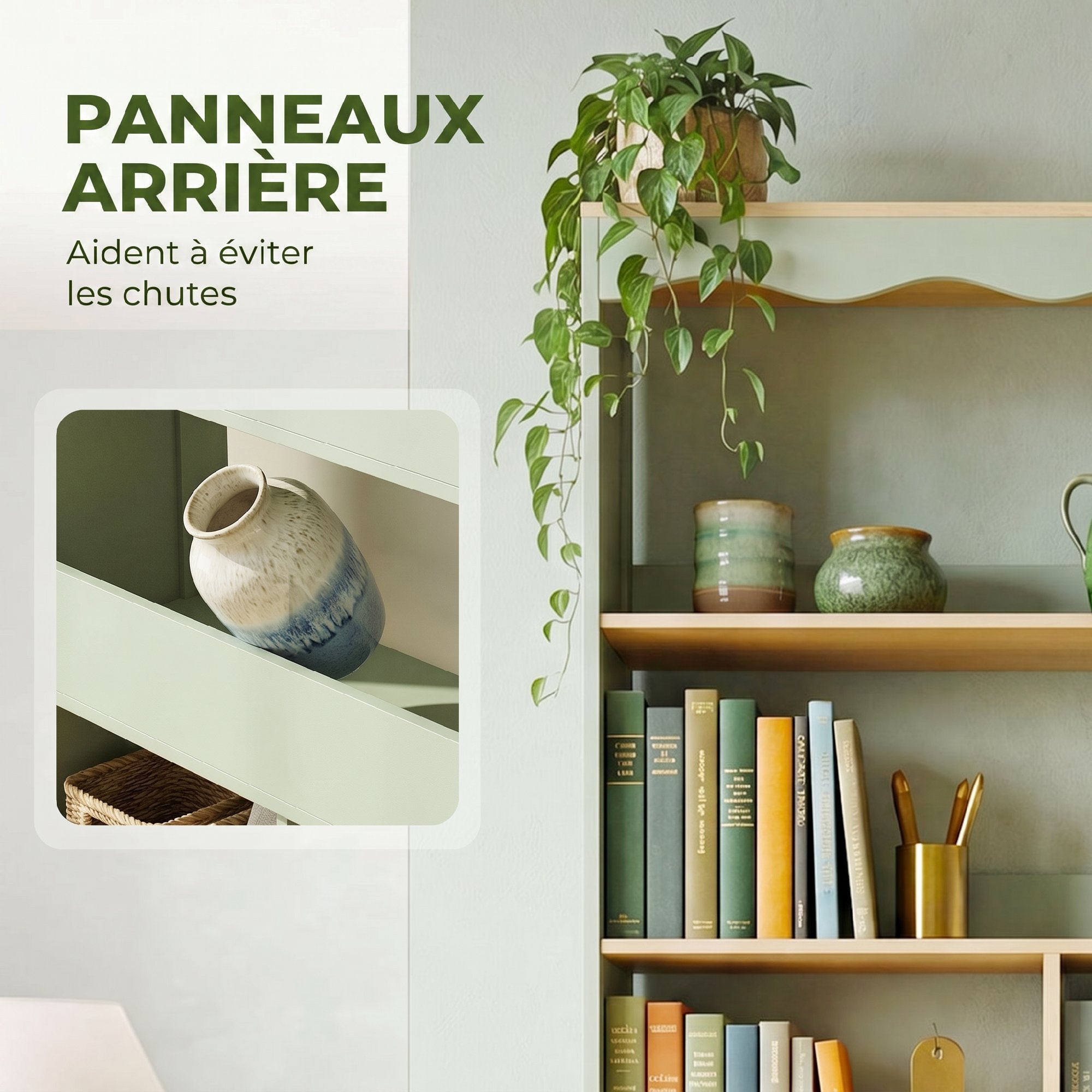 Bibliothèque, étagère de rangement à 6 niveaux avec 6 compartiments ouverts, meuble de rangement pour salon, bureau, chambre, 76 x 23,8 x 180 cm, bois naturel et vert