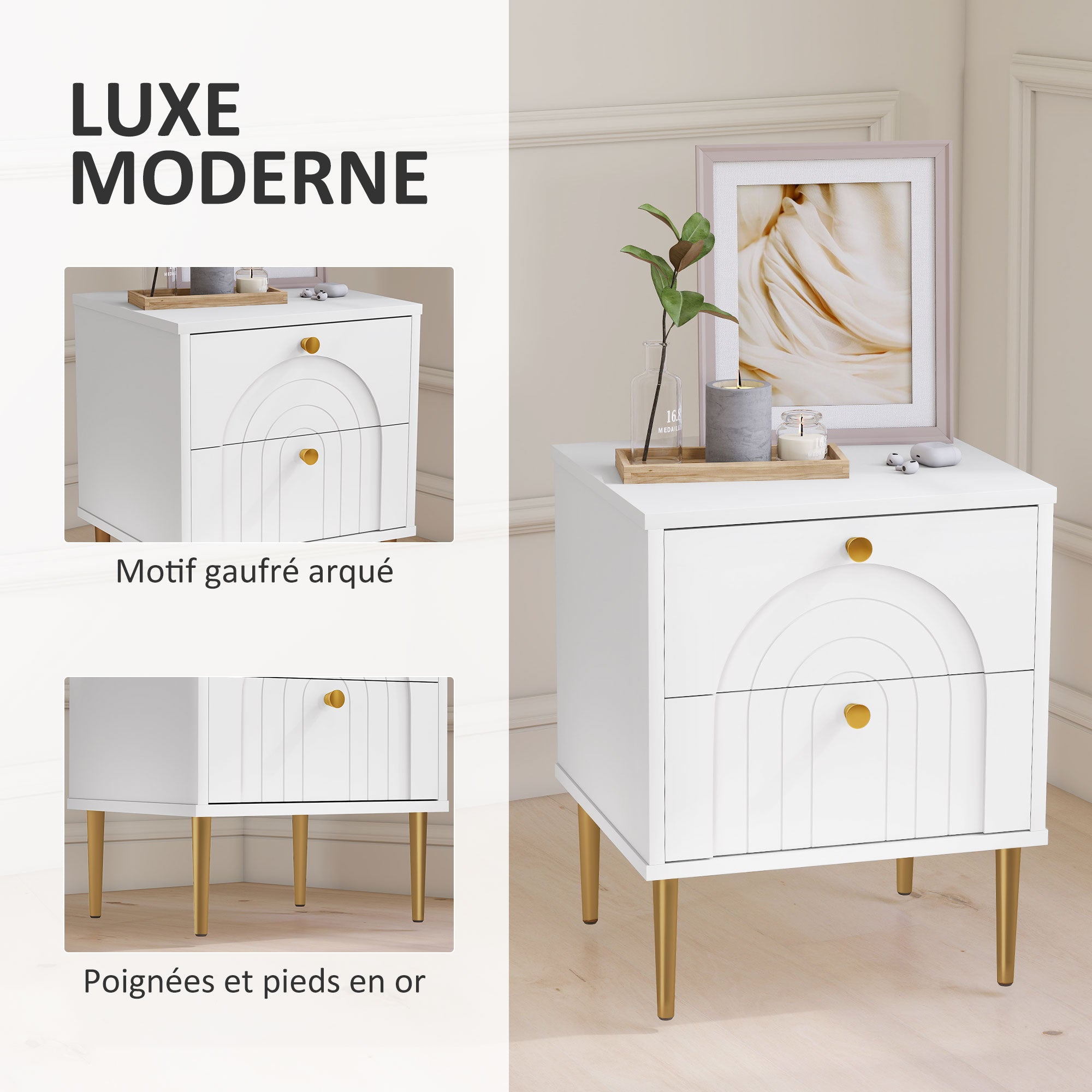 Lot de 2 tables de chevet table de nuit avec 2 tiroirs et pieds en acier, style moderne, tables d'appoint pour chambre à coucher, salon, 40 x 35 x 50 cm, blanc