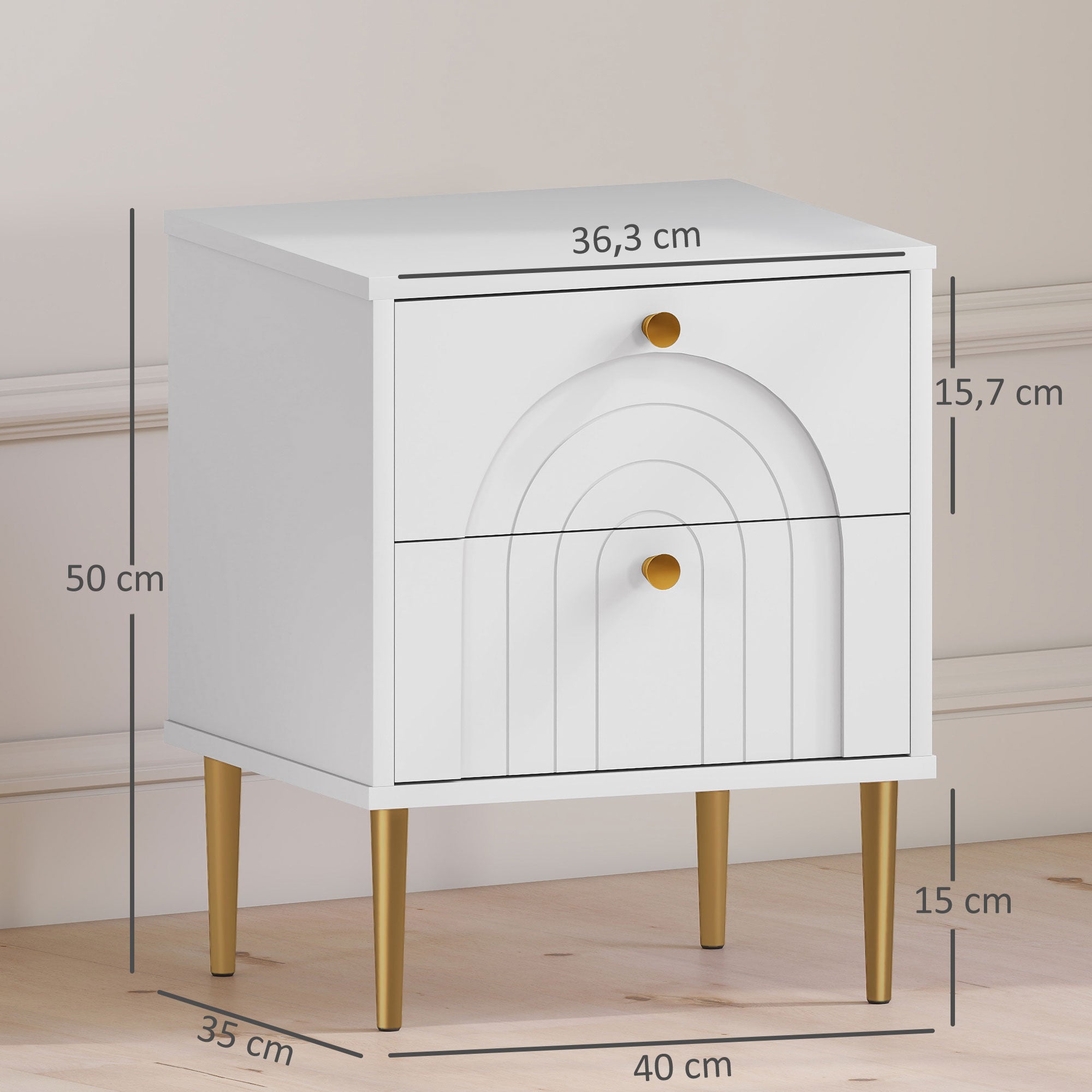 Lot de 2 tables de chevet table de nuit avec 2 tiroirs et pieds en acier, style moderne, tables d'appoint pour chambre à coucher, salon, 40 x 35 x 50 cm, blanc