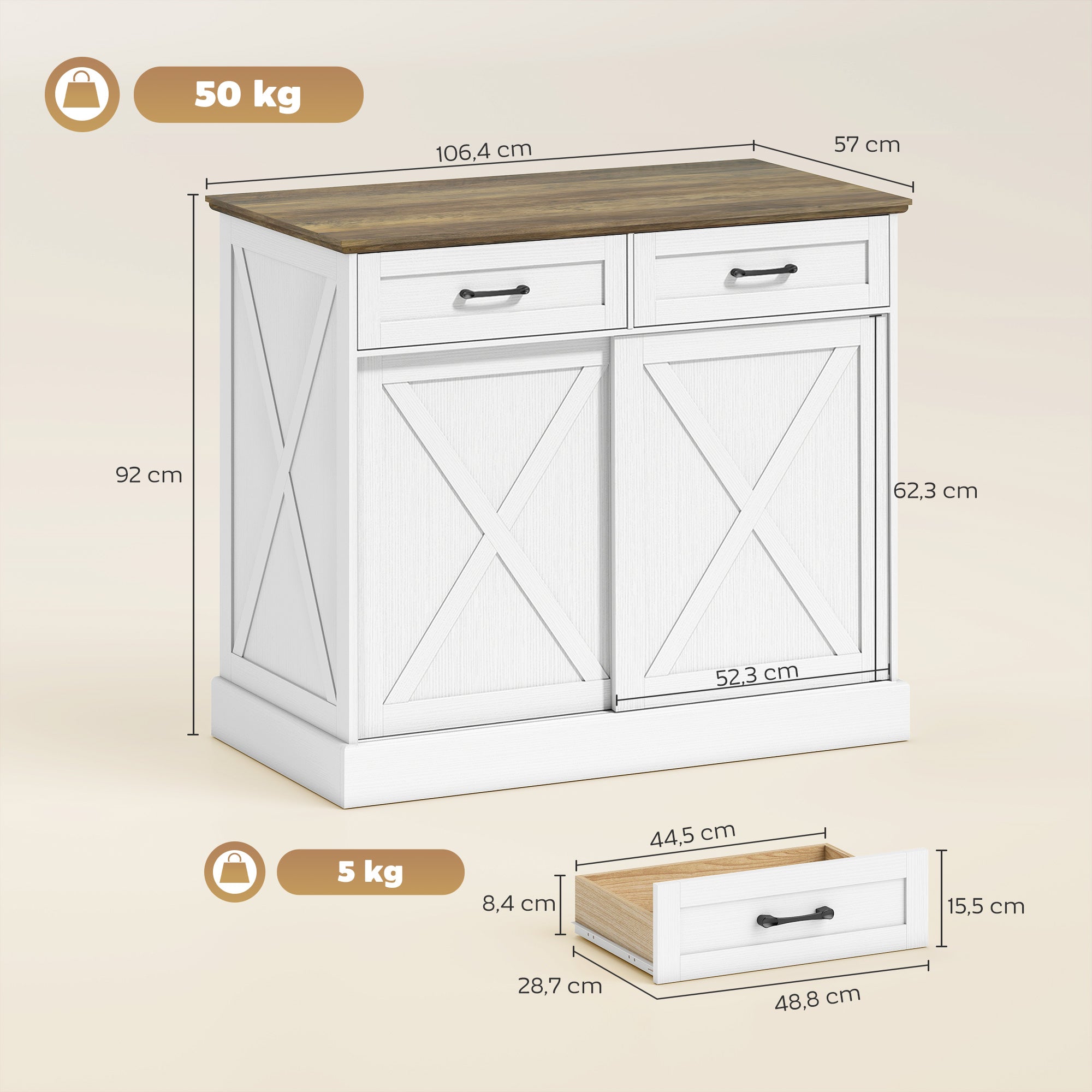 Îlot Central Cuisine, Buffet Cuisine, Meuble de Rangement avec 2 Tiroirs, 2 Portes Coulissantes et Étagère Réglable, Style Rustique, 106,4 x 57 x 92 cm, Blanc et Marron