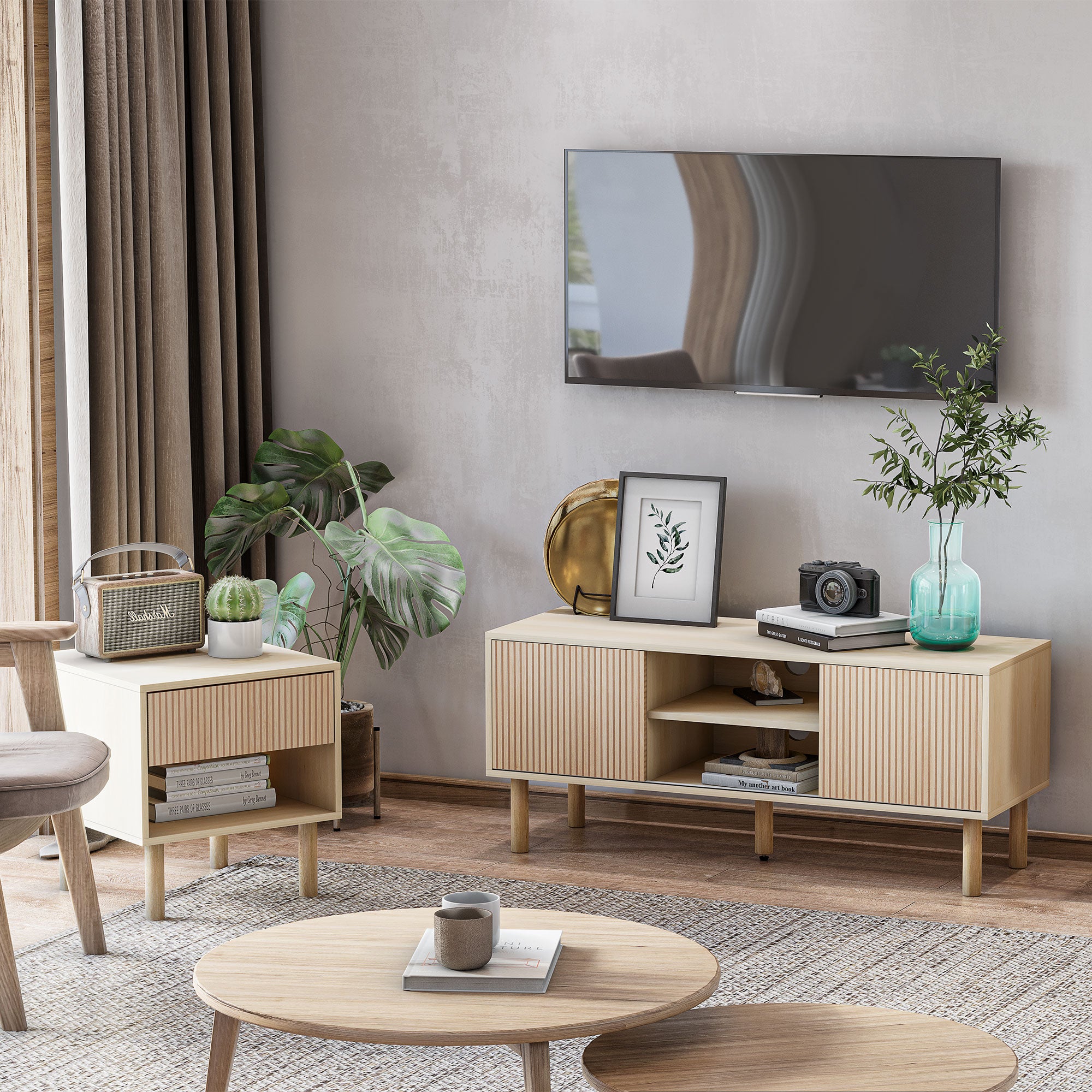 Meuble TV support TV pour télévision jusqu'à 50 pouces 2 portes coulissantes et 2 niches avec passe-câbles - 115 x 40 x 49 cm