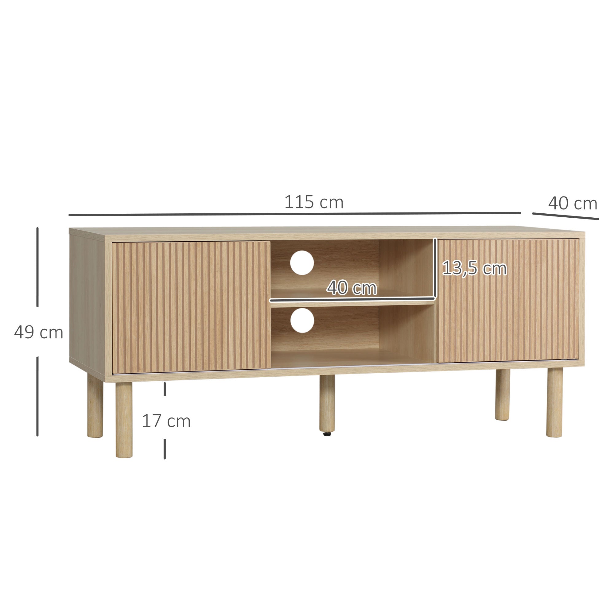 Meuble TV support TV pour télévision jusqu'à 50 pouces 2 portes coulissantes et 2 niches avec passe-câbles - 115 x 40 x 49 cm