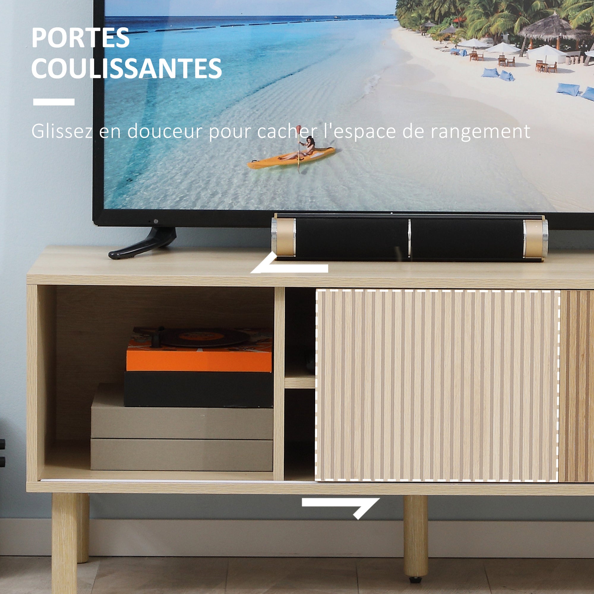 Meuble TV support TV pour télévision jusqu'à 50 pouces 2 portes coulissantes et 2 niches avec passe-câbles - 115 x 40 x 49 cm