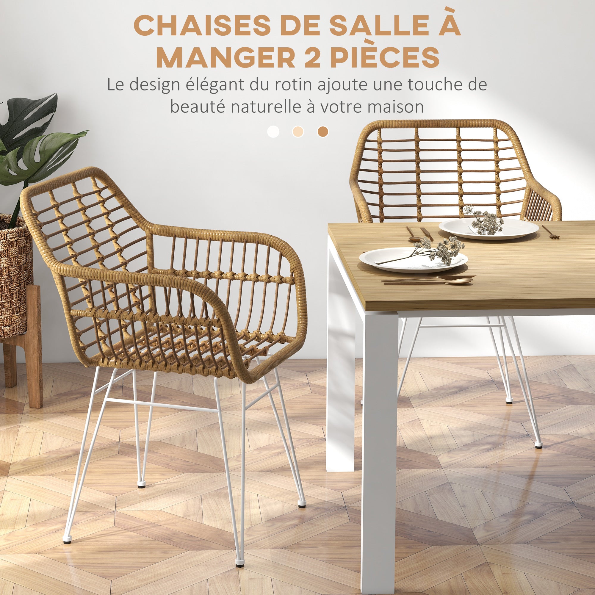 Lot de 2 chaises de salle à manger chaise de cuisine design bohème assise en résine tressée piètement en acier chaise à dînner 56 x 60 x 79 cm blanc