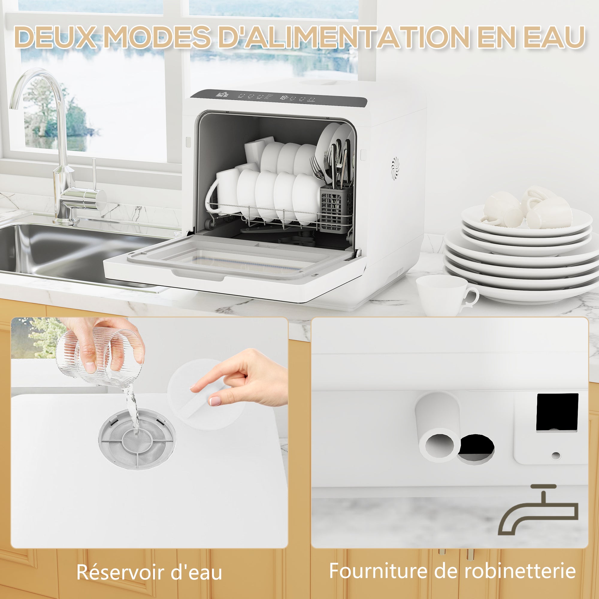 Mini lave-vaisselle compact 4 couverts, lave vaisselle de table, 6 programmes, commande tactile, écran LED, réservoir 6 L, départ différé, double alimentation en eau et séchage à l'air, blanc
