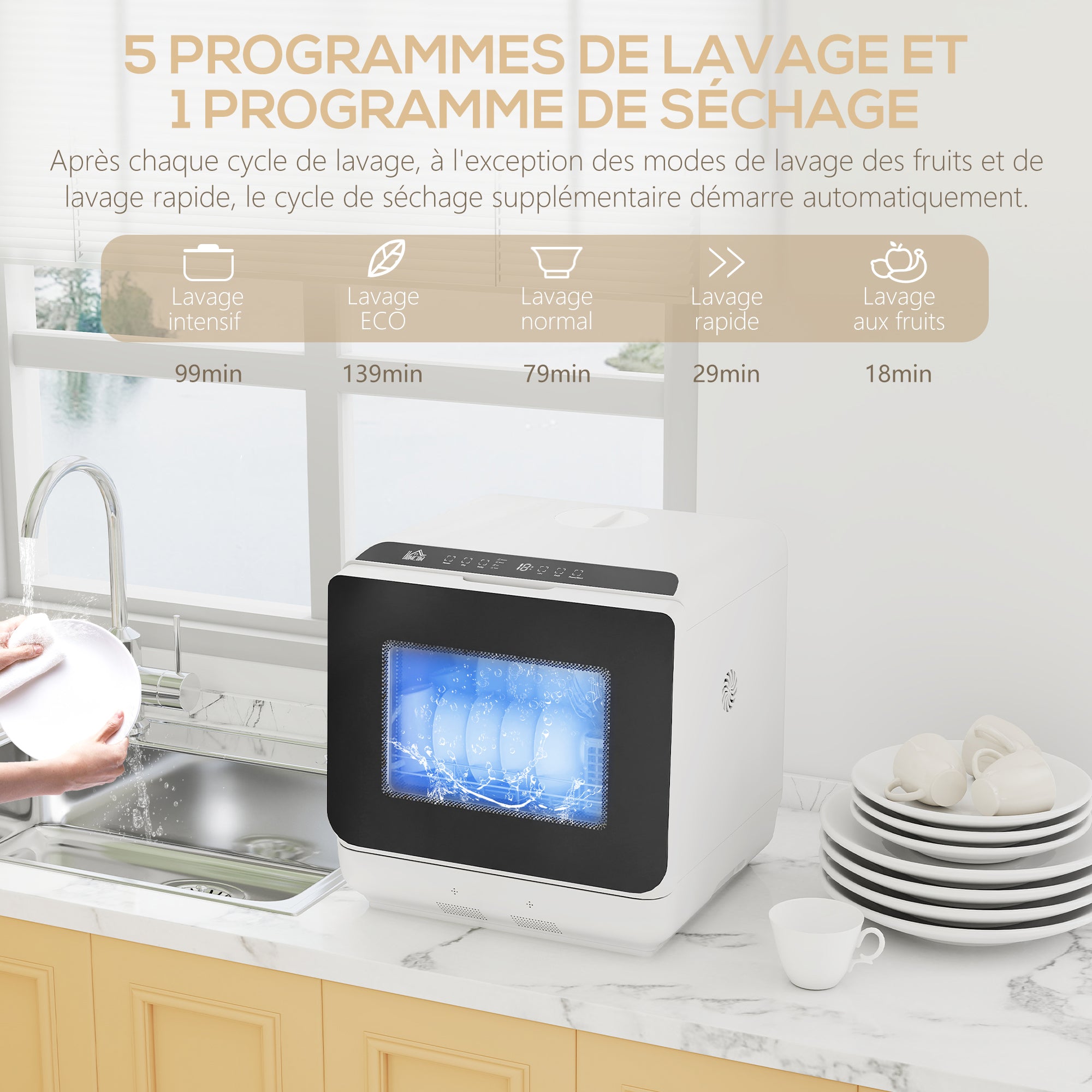 Mini lave-vaisselle compact 4 couverts, lave vaisselle de table, 6 programmes, commande tactile, écran LED, réservoir 6 L, départ différé, double alimentation en eau et séchage à l'air, blanc