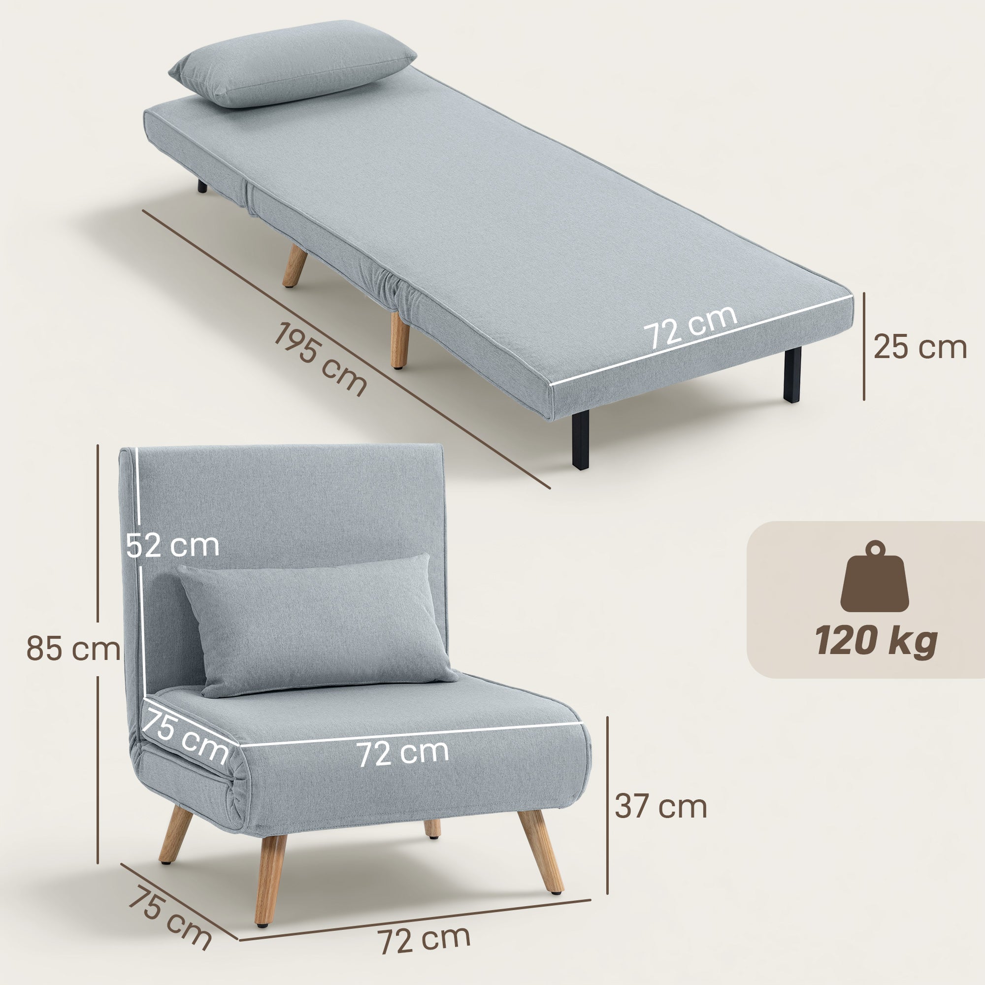 3 en 1 fauteuil convertible 1 place, fauteuil lit et chauffeuse - dossier inclinable 5 niveaux et oreiller inclus, siège rembourré - pour bureau, salon, chambre à coucher, gris clair
