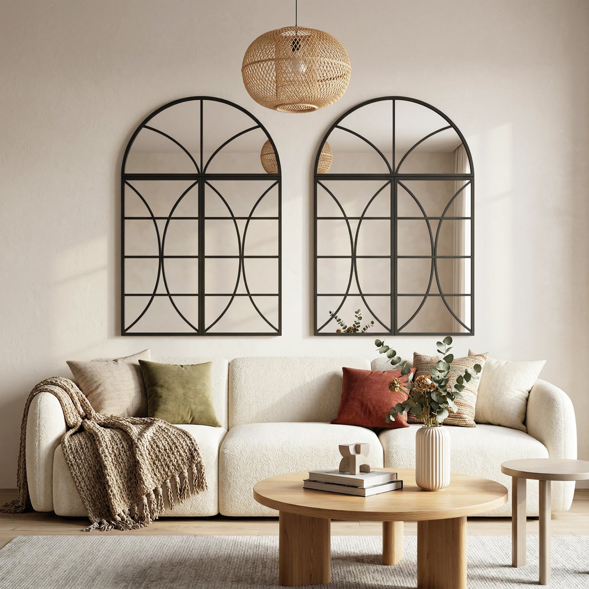 Miroir Mural Arqué 80 x 120 cm, Lot de 3 Pièces, Miroir Verrière Décoratif en Forme de Fenêtre, Verre Trempé Incassable, Cadre en Métal, pour Salon, Chambre à Coucher, Couloir, Noir