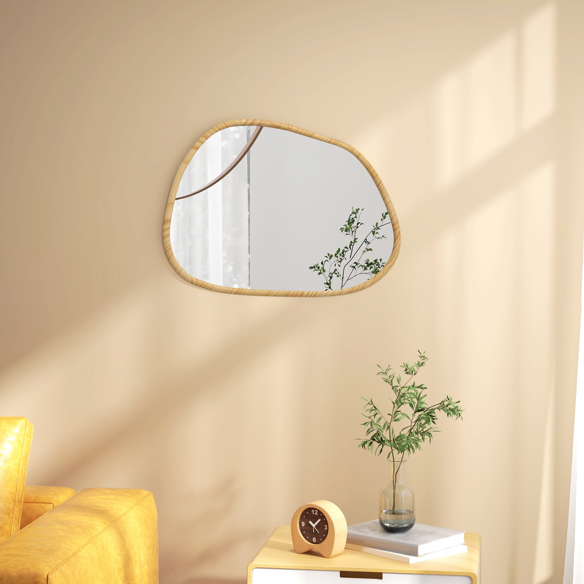 Miroir mural, miroir décoratif, forme organique, 70 x 50 cm, horizontal ou vertical, avec cadre en bois de pin, miroir suspendu pour salle de bain, chambre, salon, couloir, naturel