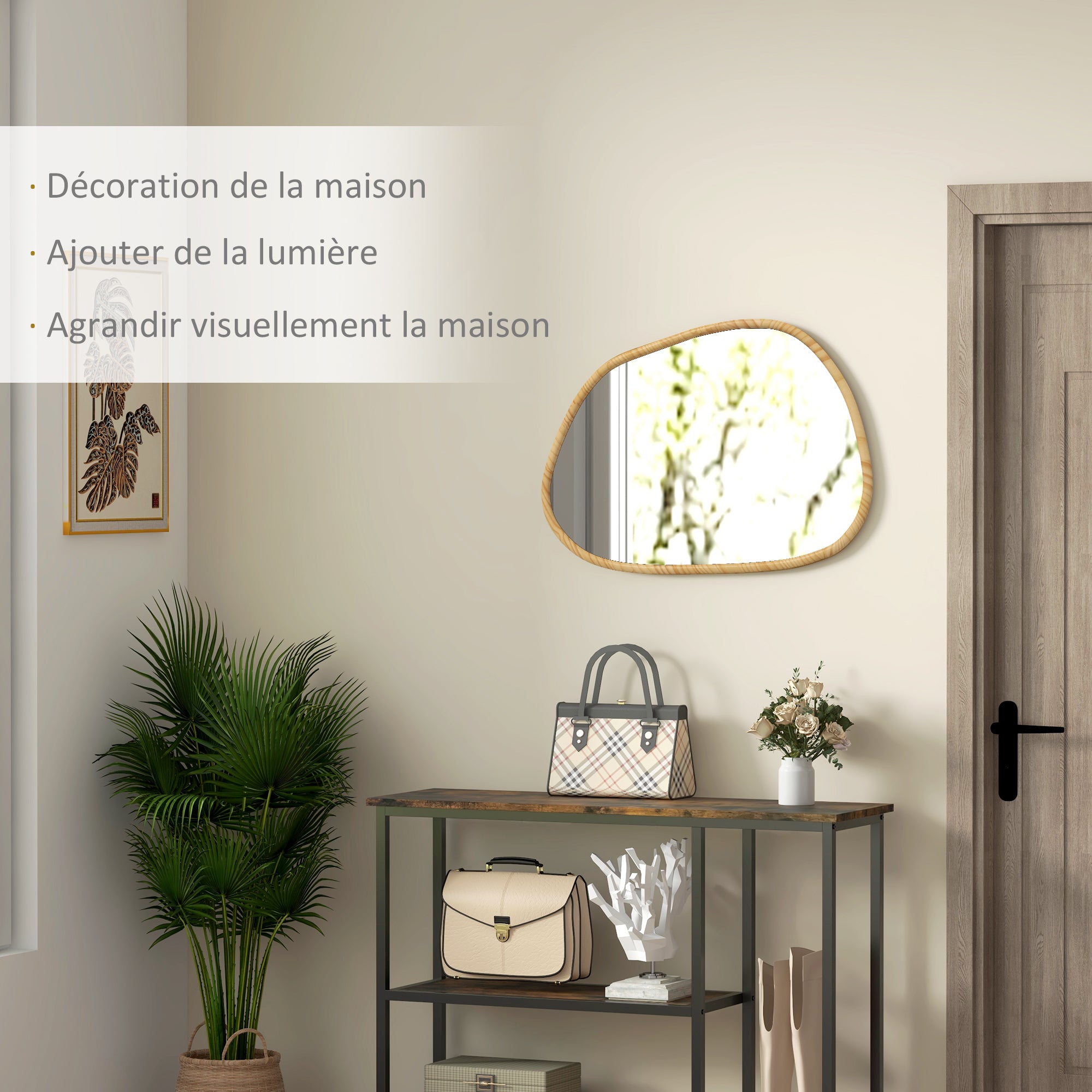 Miroir mural, miroir décoratif, forme organique, 70 x 50 cm, horizontal ou vertical, avec cadre en bois de pin, miroir suspendu pour salle de bain, chambre, salon, couloir, naturel